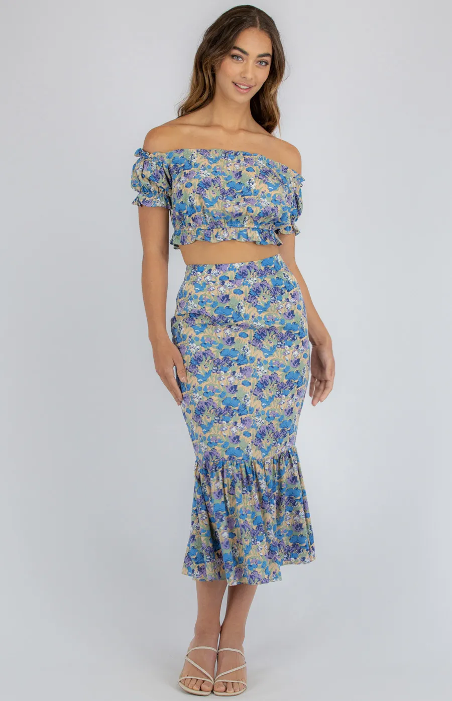 Printed Set with Off the Shoulder Top and Fishtail Skirt (SSE335A)