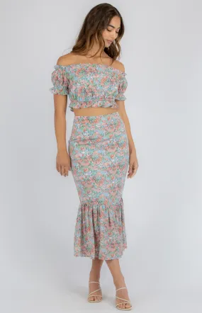 Printed Set with Off the Shoulder Top and Fishtail Skirt (SSE335A)