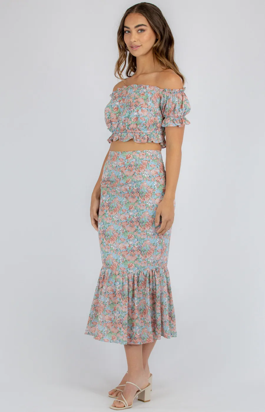 Printed Set with Off the Shoulder Top and Fishtail Skirt (SSE335A)