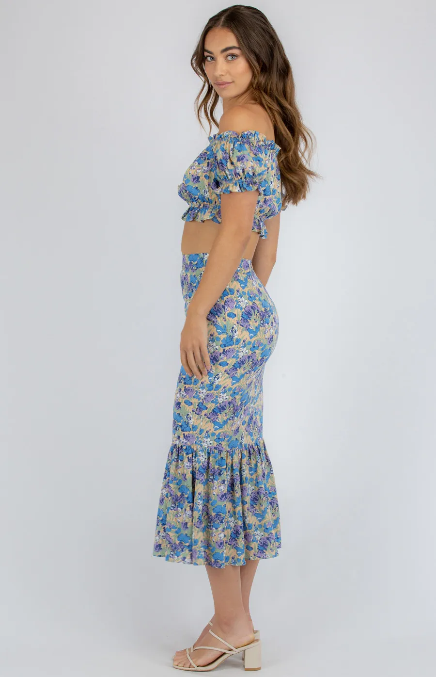 Printed Set with Off the Shoulder Top and Fishtail Skirt (SSE335A)