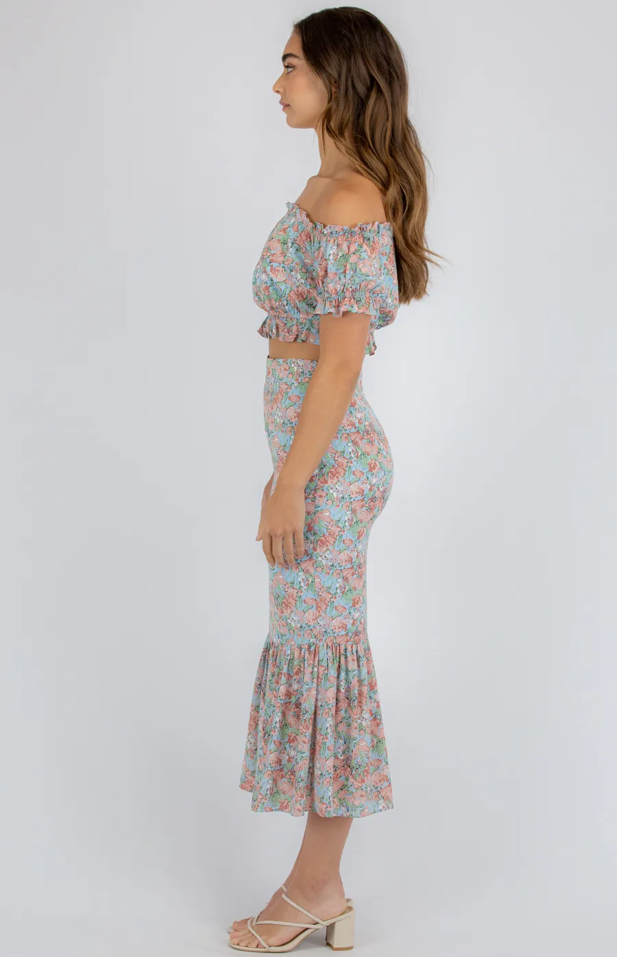 Printed Set with Off the Shoulder Top and Fishtail Skirt (SSE335A)