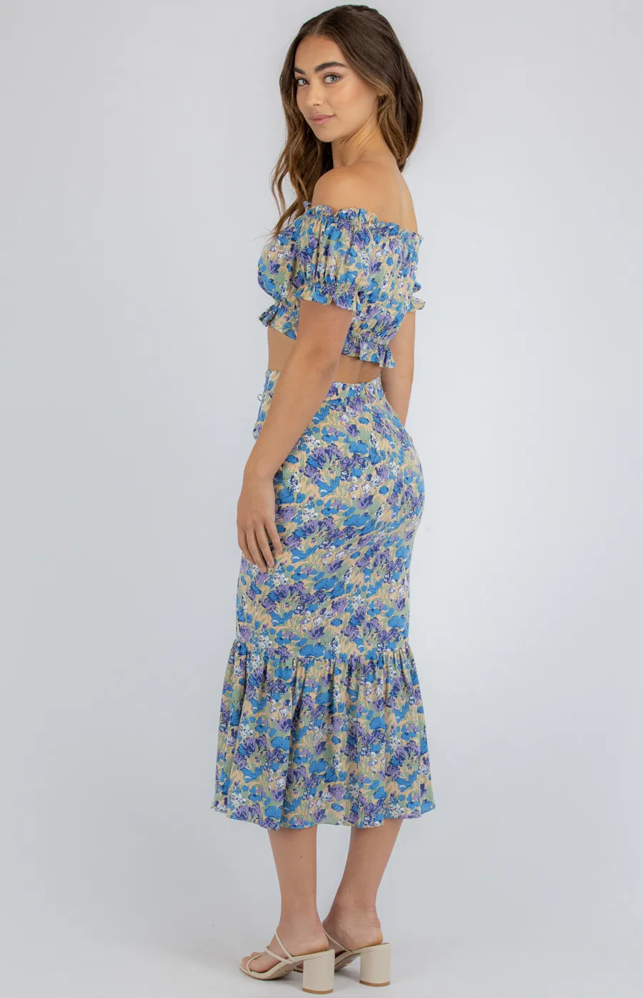 Printed Set with Off the Shoulder Top and Fishtail Skirt (SSE335A)