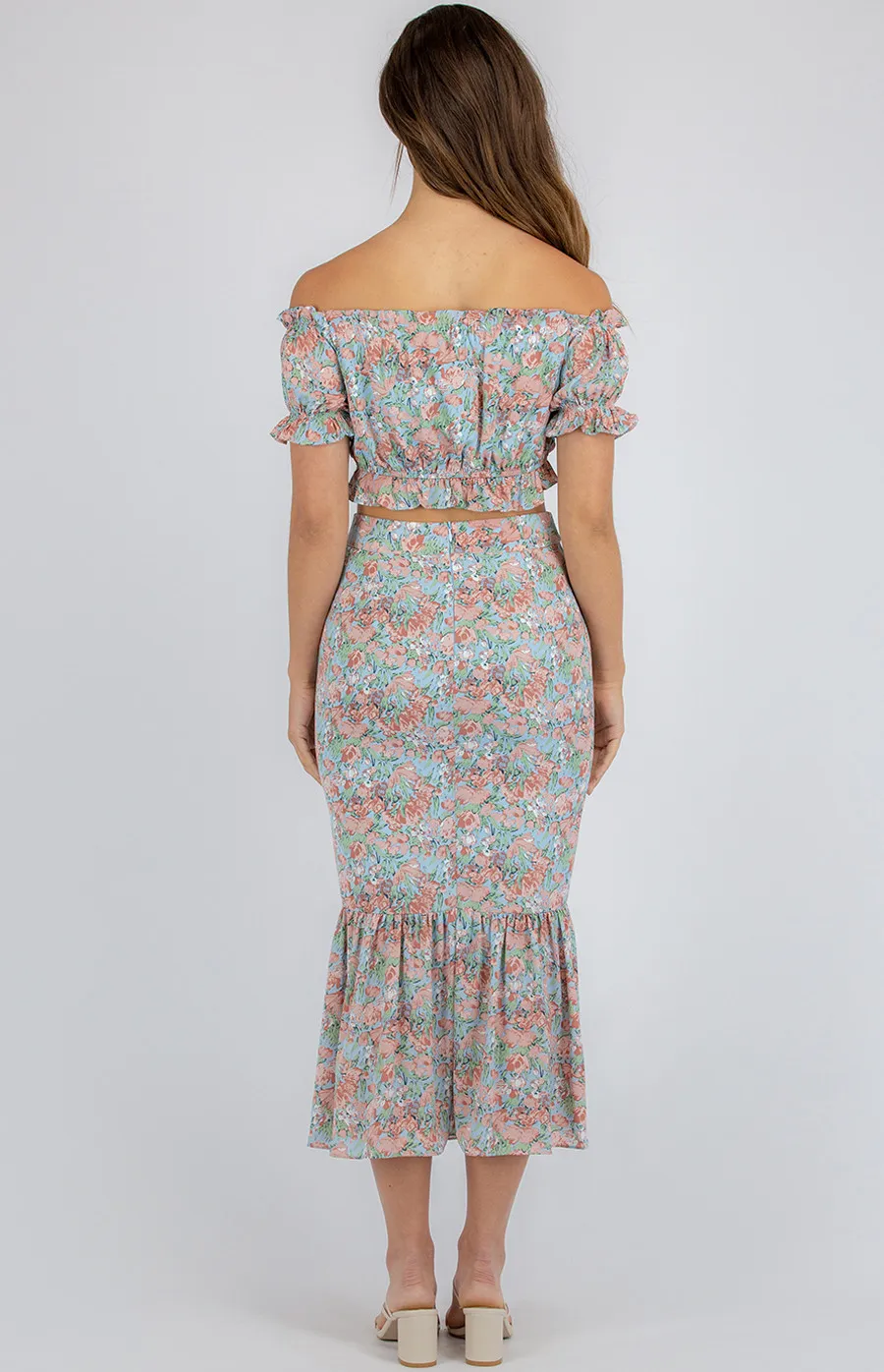 Printed Set with Off the Shoulder Top and Fishtail Skirt (SSE335A)