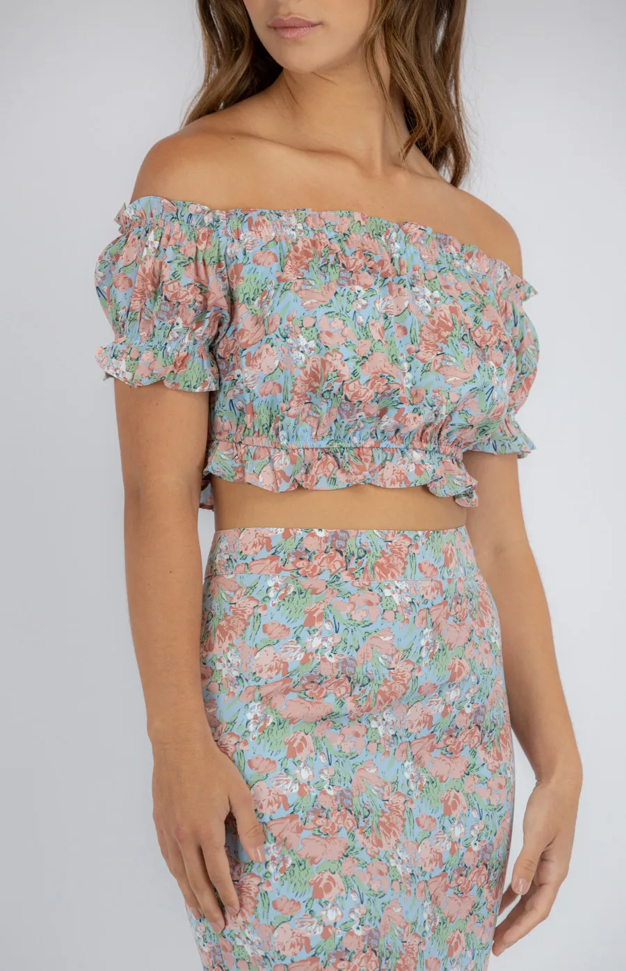 Printed Set with Off the Shoulder Top and Fishtail Skirt (SSE335A)