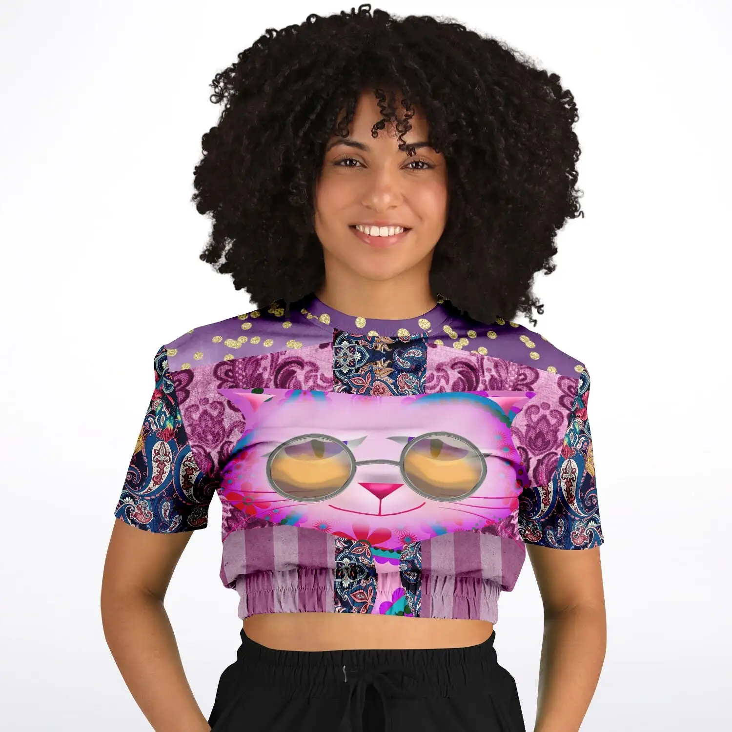 Purple Jamboree Short Sleeve Cropped Eco-Poly Sweater