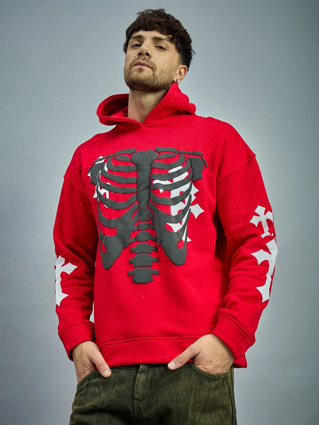 Red Fleece Rib Cage Graphic Oversized Hoodie