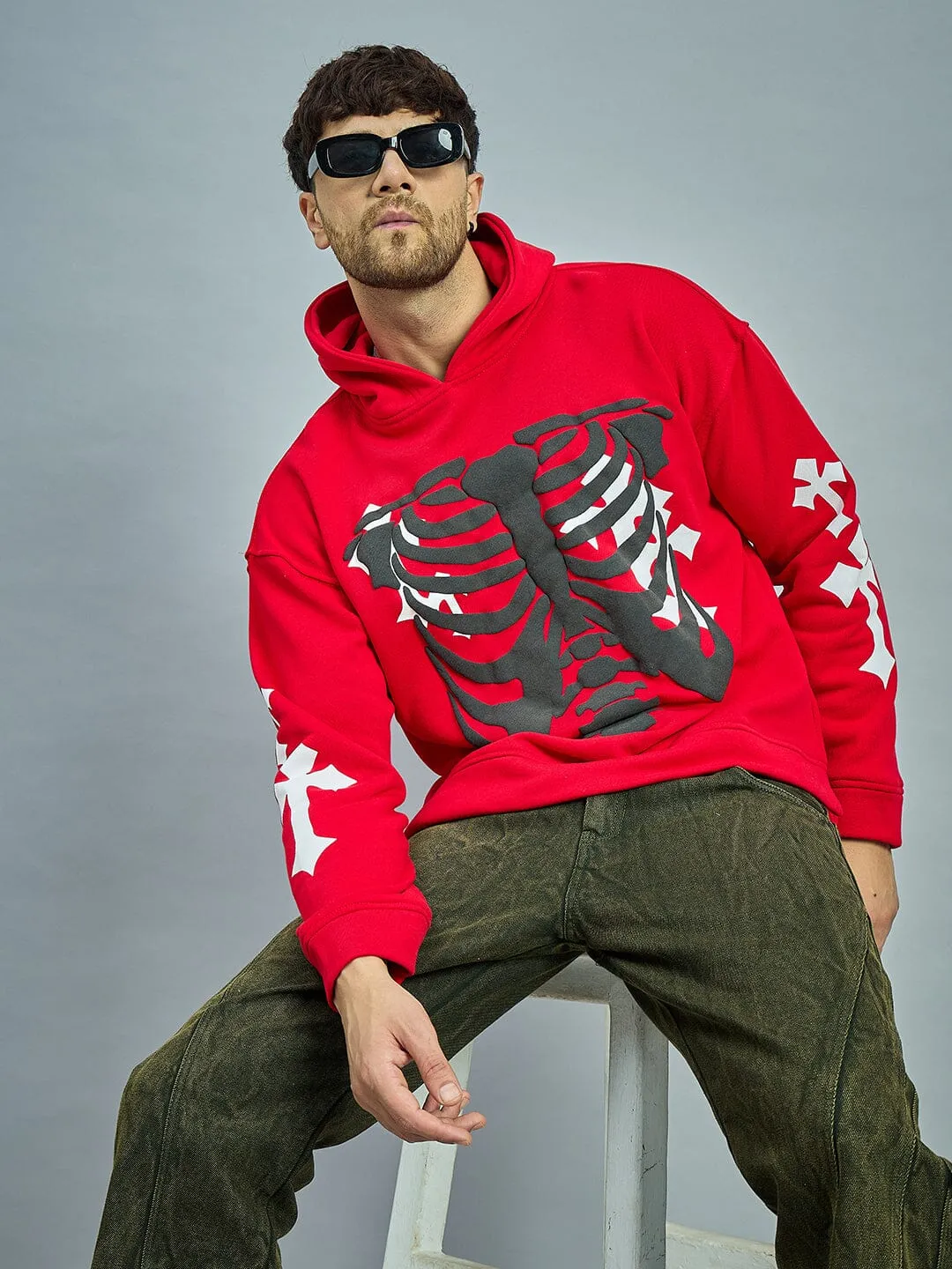 Red Fleece Rib Cage Graphic Oversized Hoodie