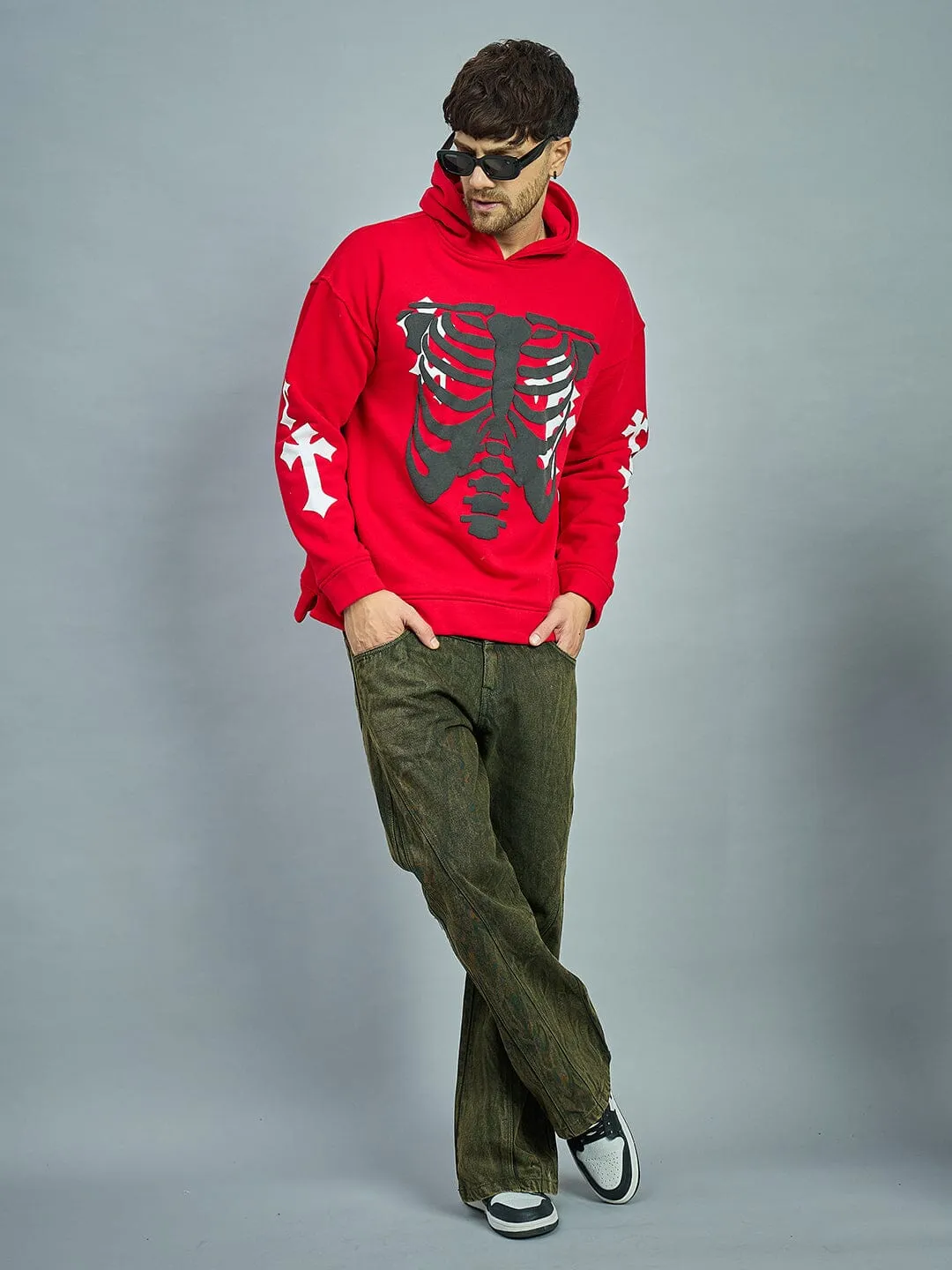 Red Fleece Rib Cage Graphic Oversized Hoodie