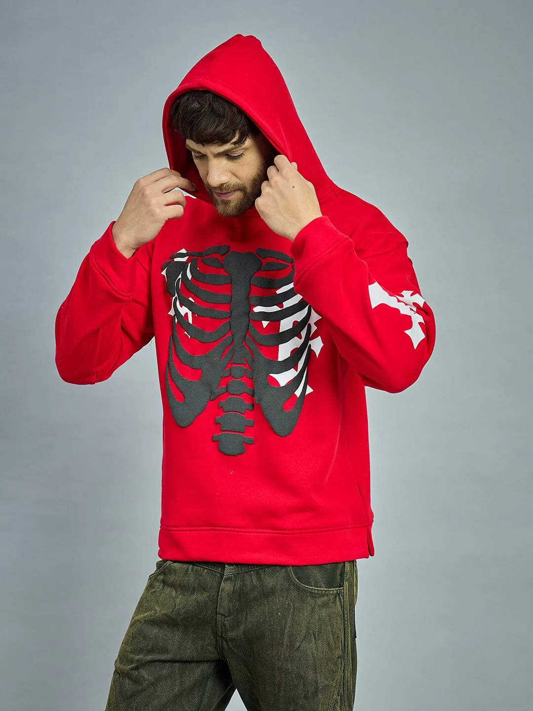 Red Fleece Rib Cage Graphic Oversized Hoodie