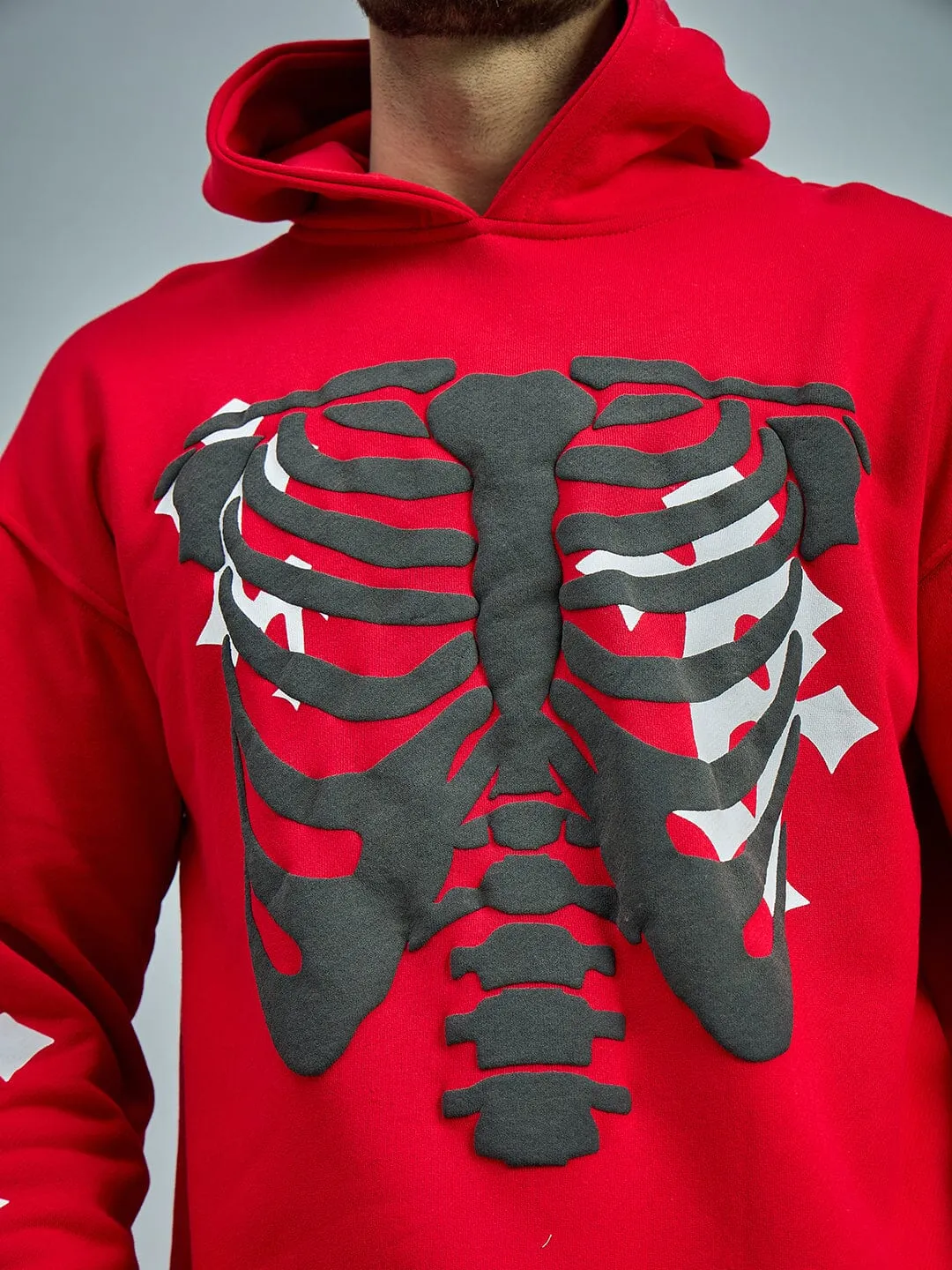 Red Fleece Rib Cage Graphic Oversized Hoodie