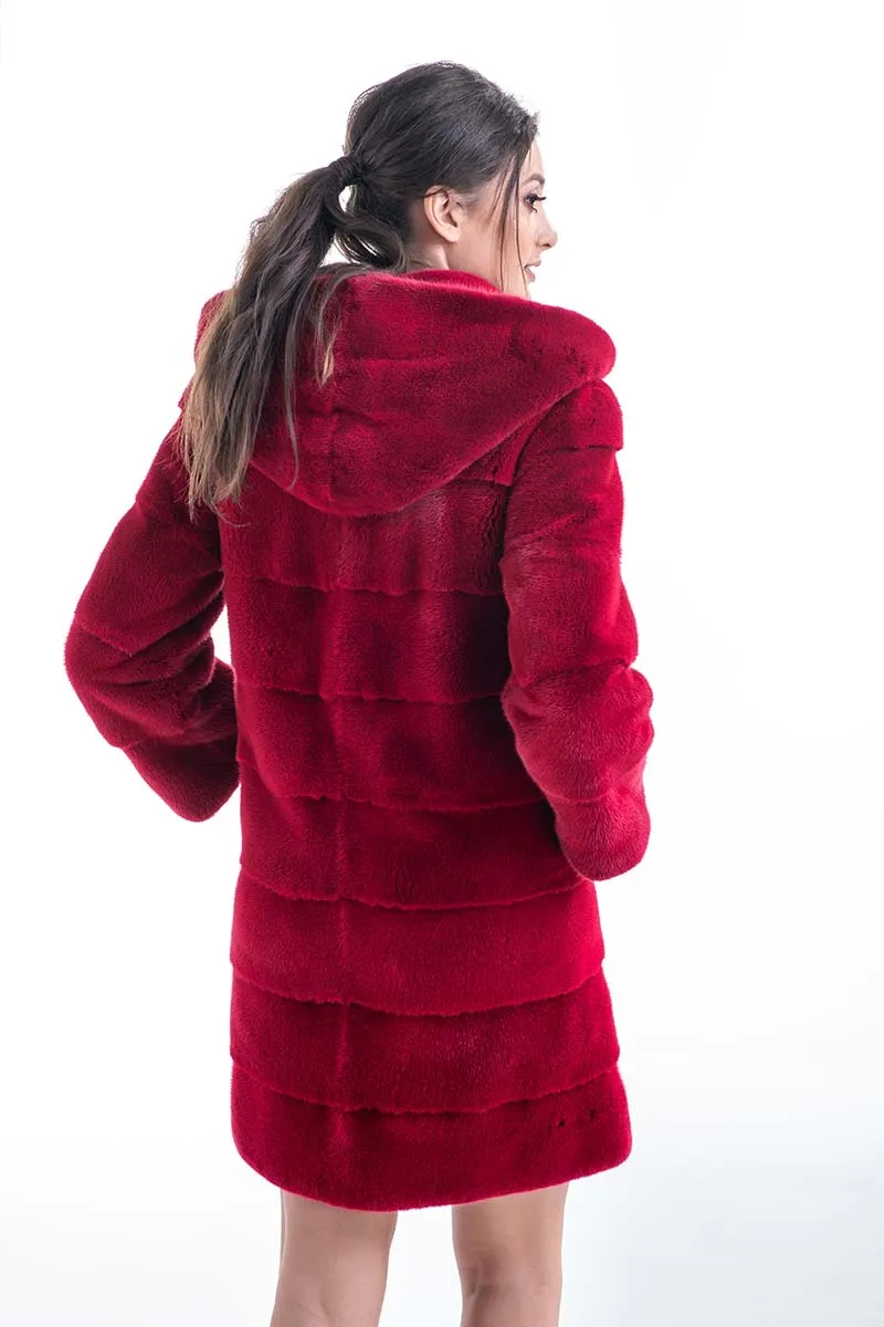 Red Genuine Mink Fur Midi Hooded Coat