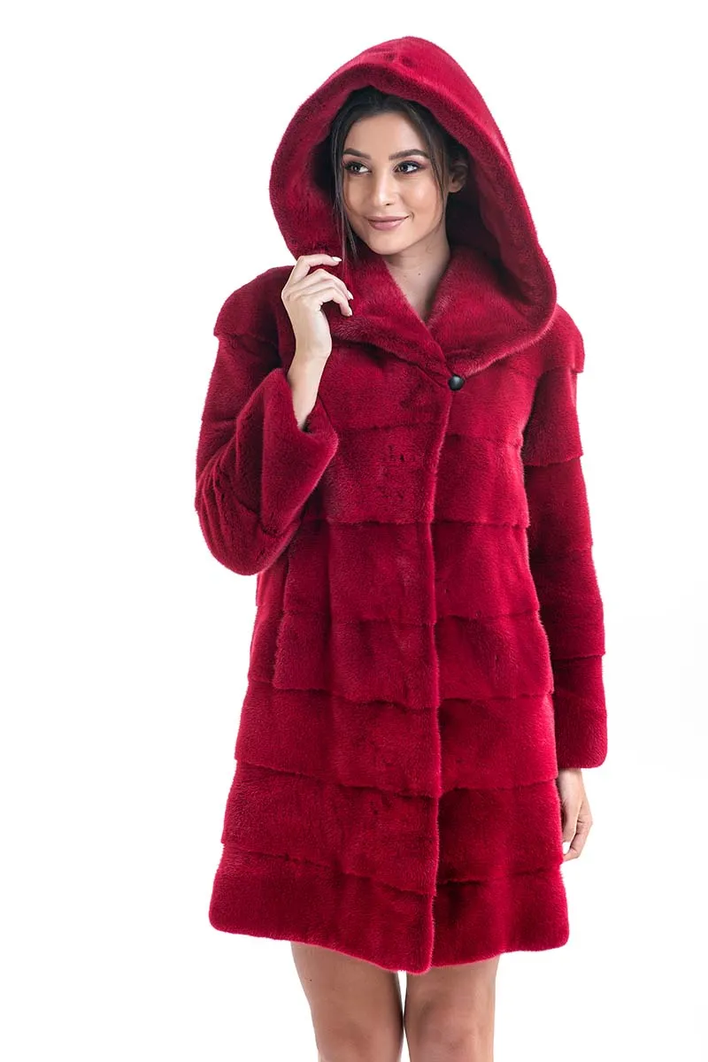 Red Genuine Mink Fur Midi Hooded Coat