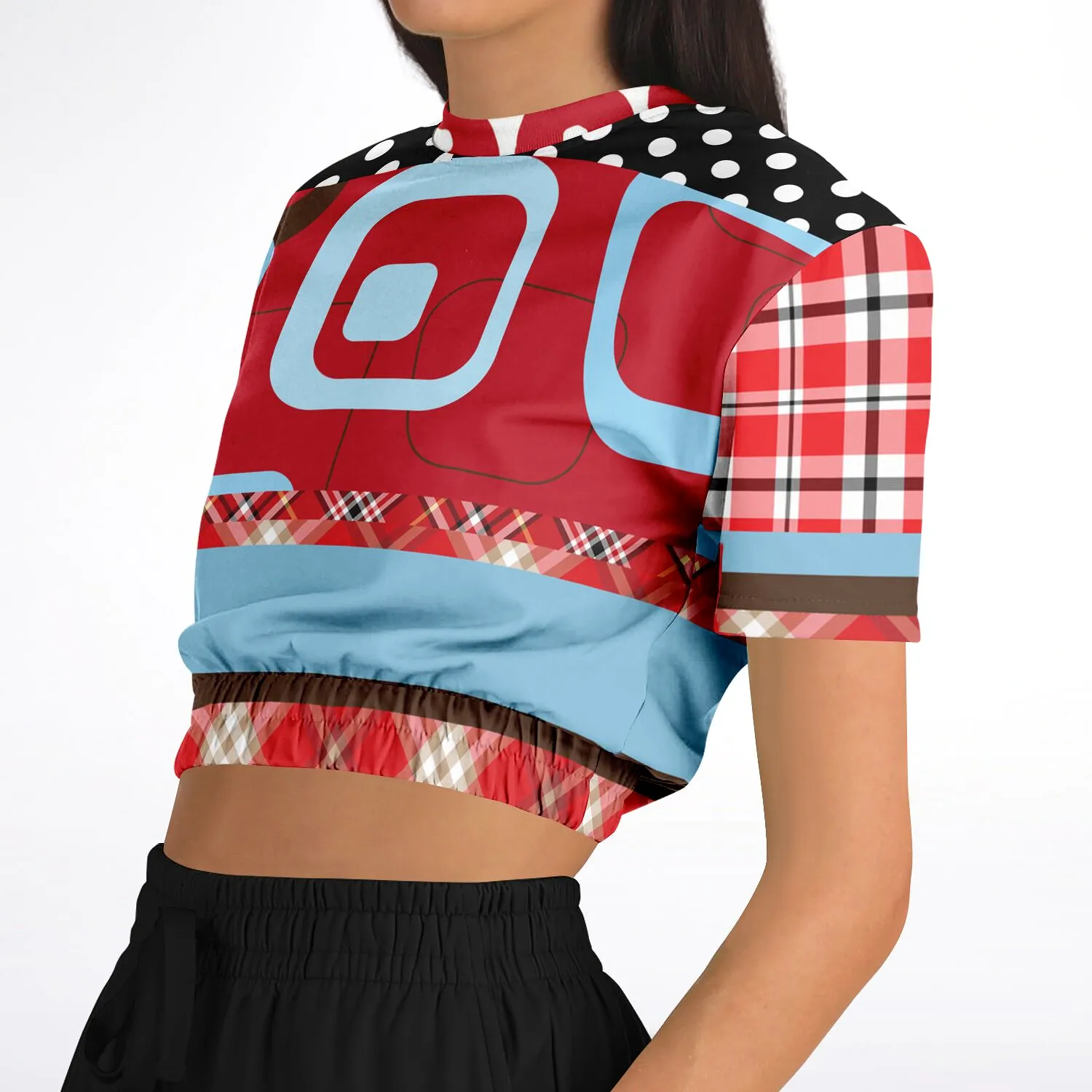 Red Pacific Palisades Plaid Short Sleeve Cropped Eco-Poly Sweater