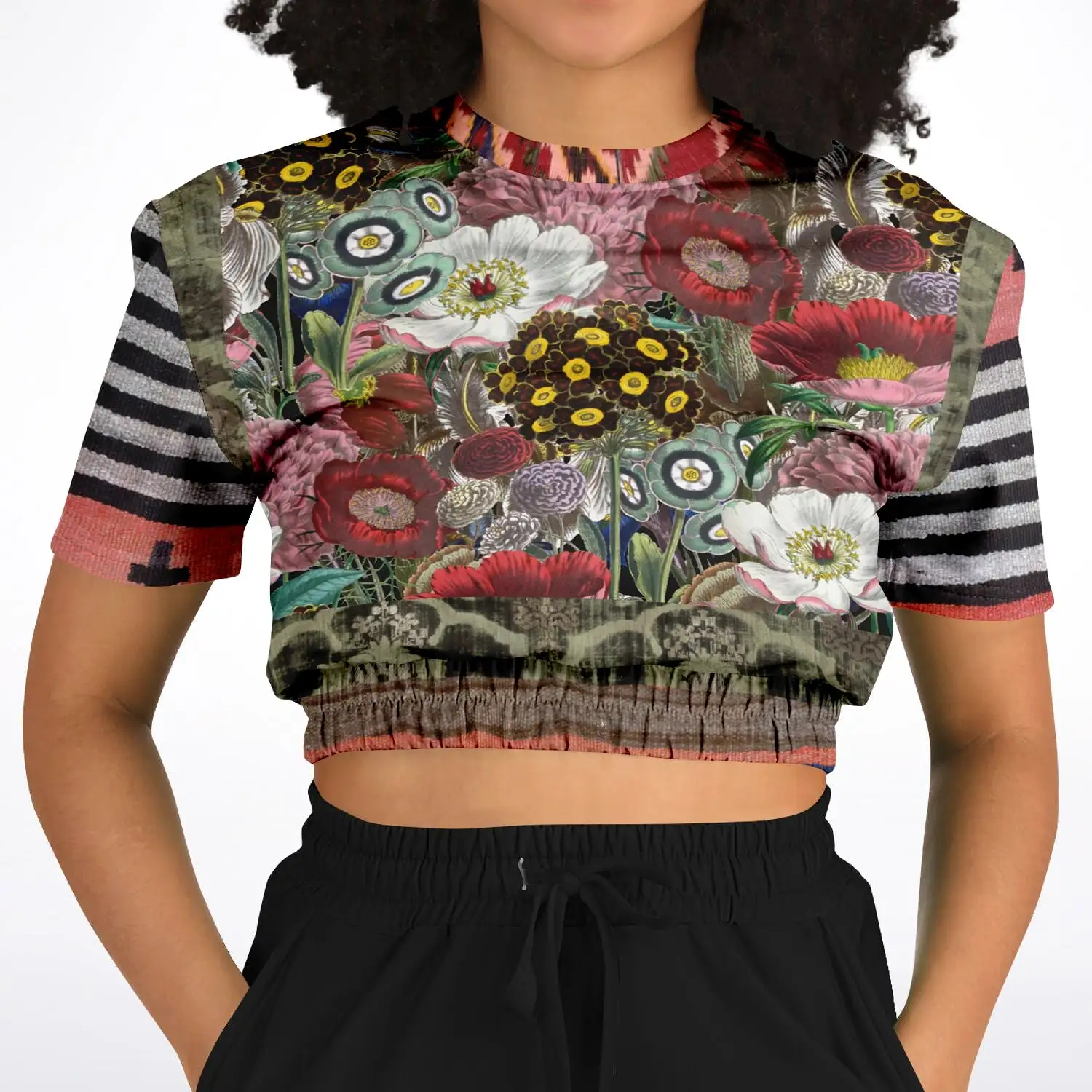 Remembering Woodstock Floral Short Sleeve Cropped Eco-Poly Sweater