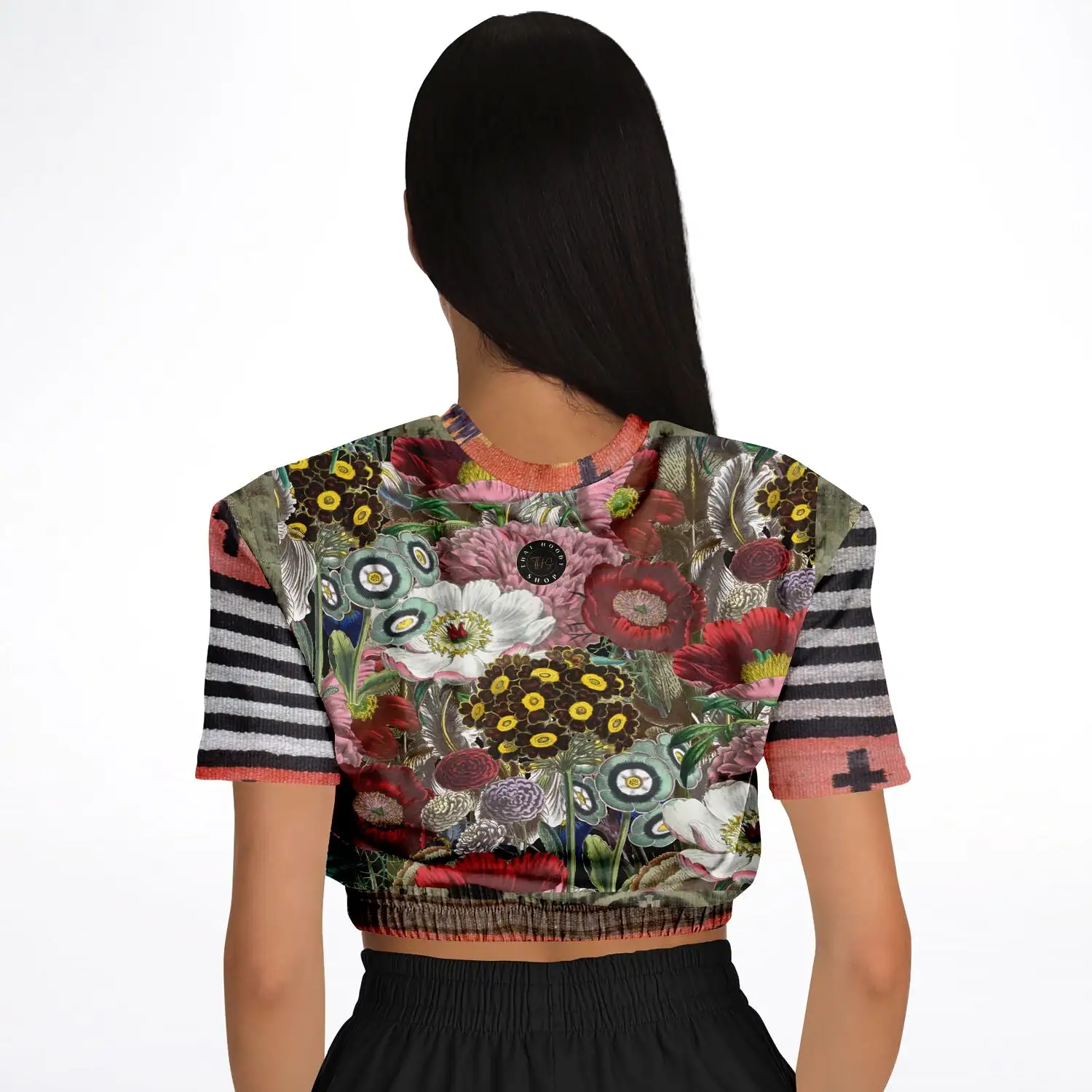 Remembering Woodstock Floral Short Sleeve Cropped Eco-Poly Sweater