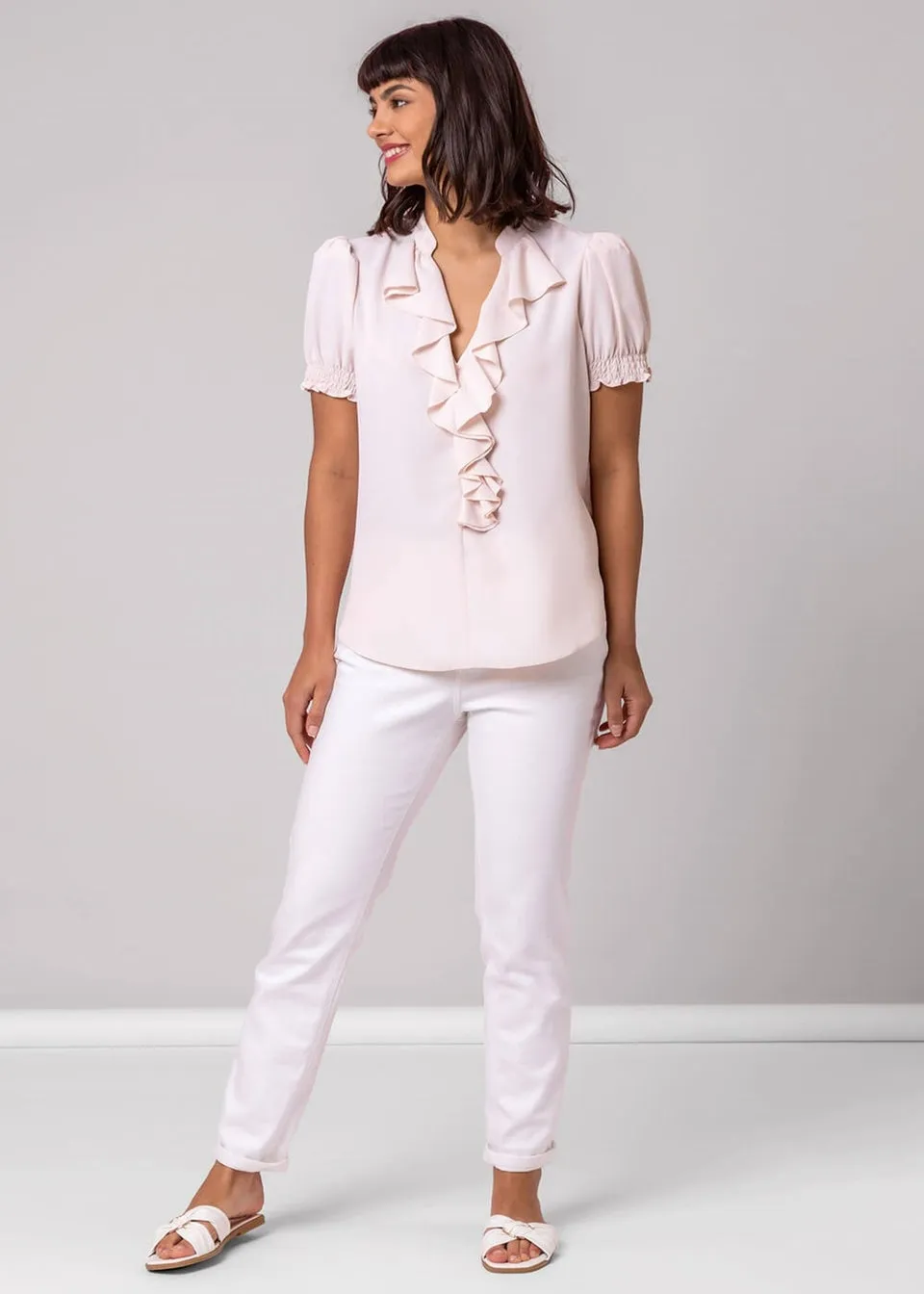 Roman Light Pink Frill Detail V-Neck Top