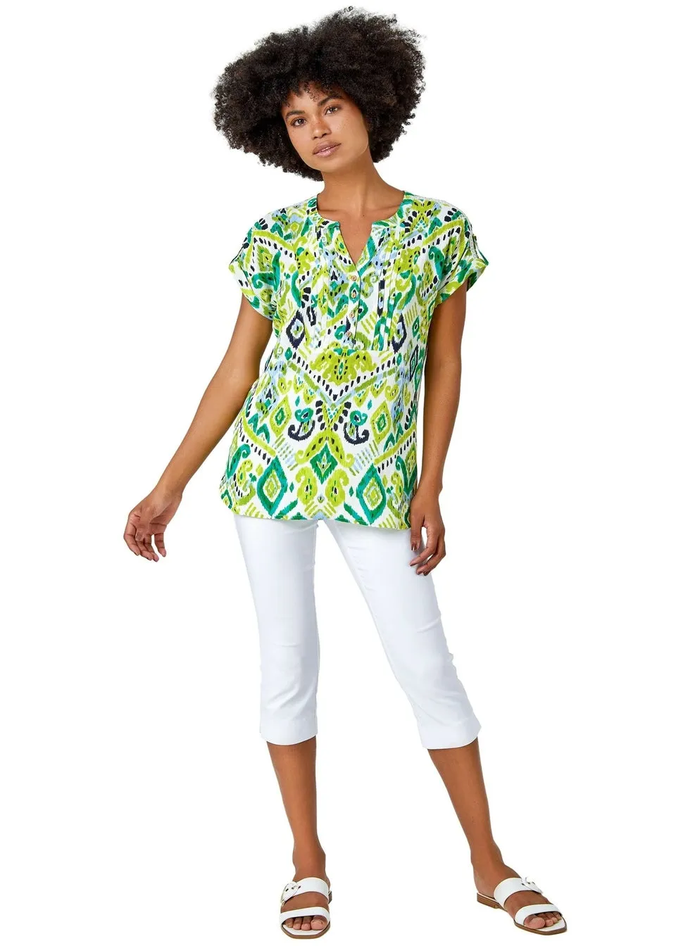 Roman Lime  Aztec Print Lace Trim V-Neck Top