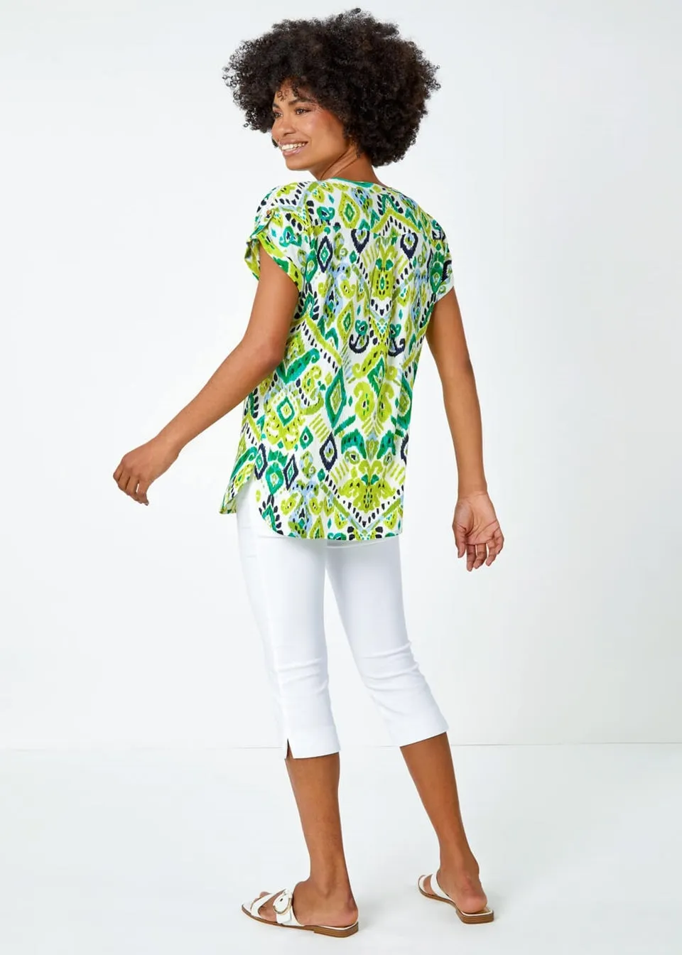 Roman Lime  Aztec Print Lace Trim V-Neck Top