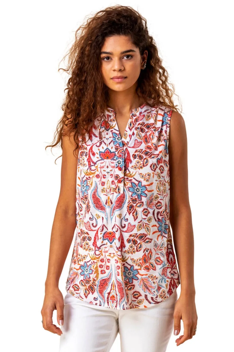 Roman Red Paisley Floral Print Sleeveless V-Neck Top