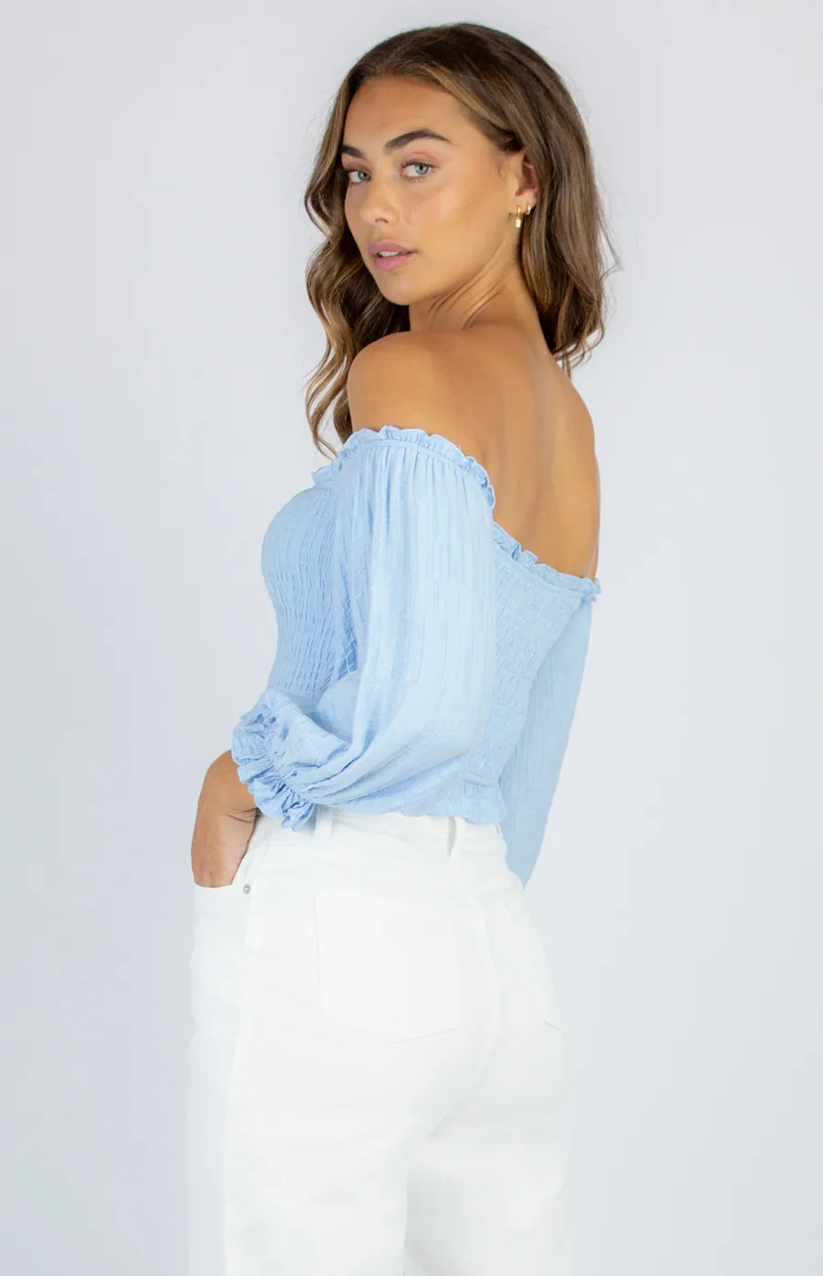 Shirred Off the Shoulder Top with 3/4 Sleeves (WTO346A)