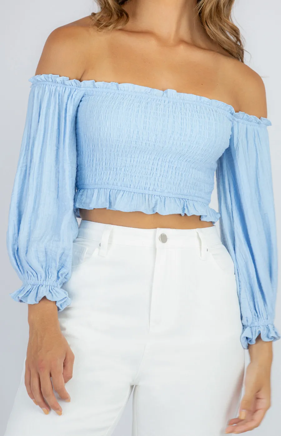 Shirred Off the Shoulder Top with 3/4 Sleeves (WTO346A)