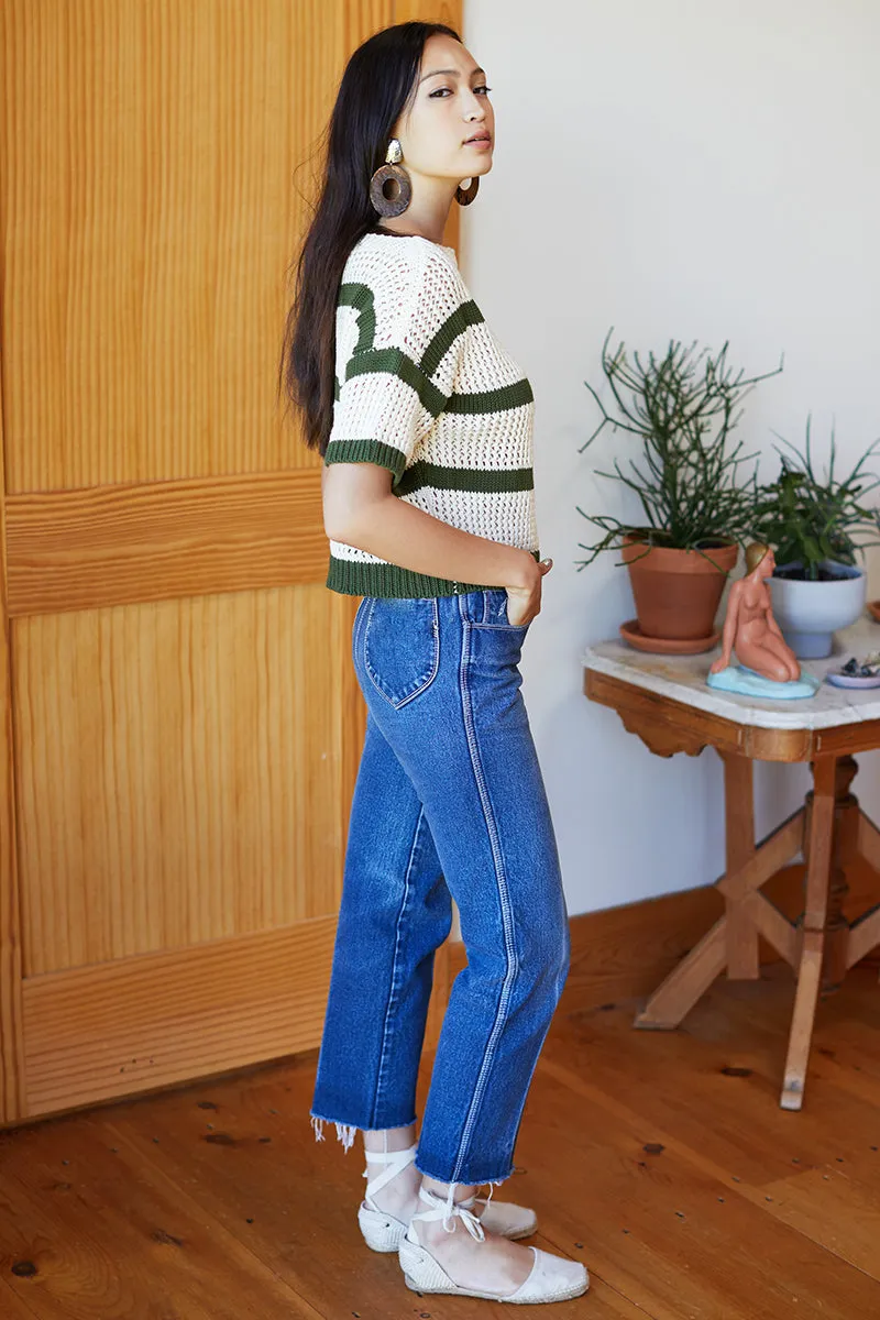 Short Sleeve Sweater - Moss Stripe