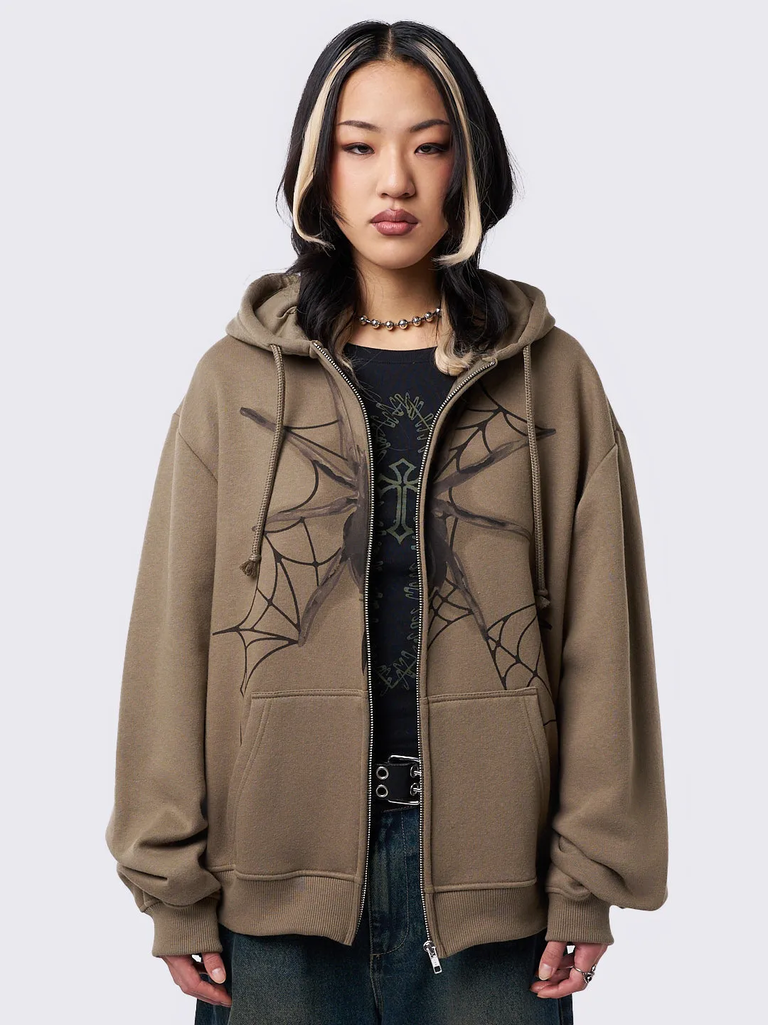 Spiderweb Khaki Zip Up Hoodie