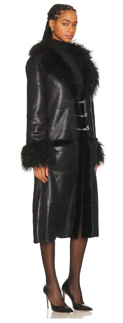 Suede Bonded Faux Fur Trench Coat, Black