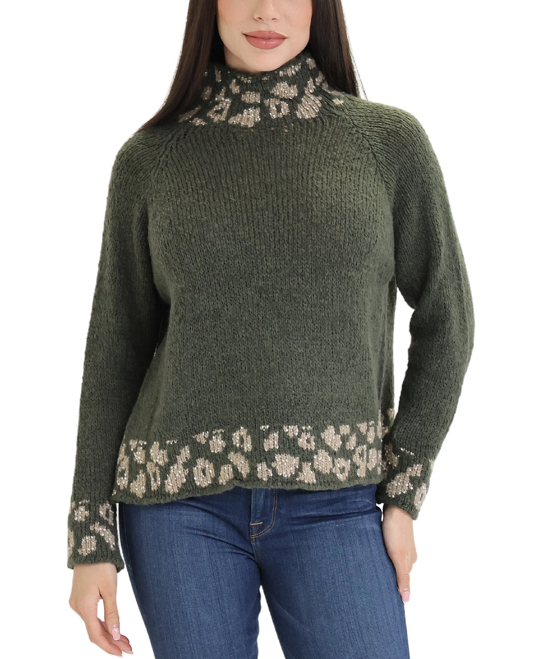 Sweater w/ Animal Print Trim