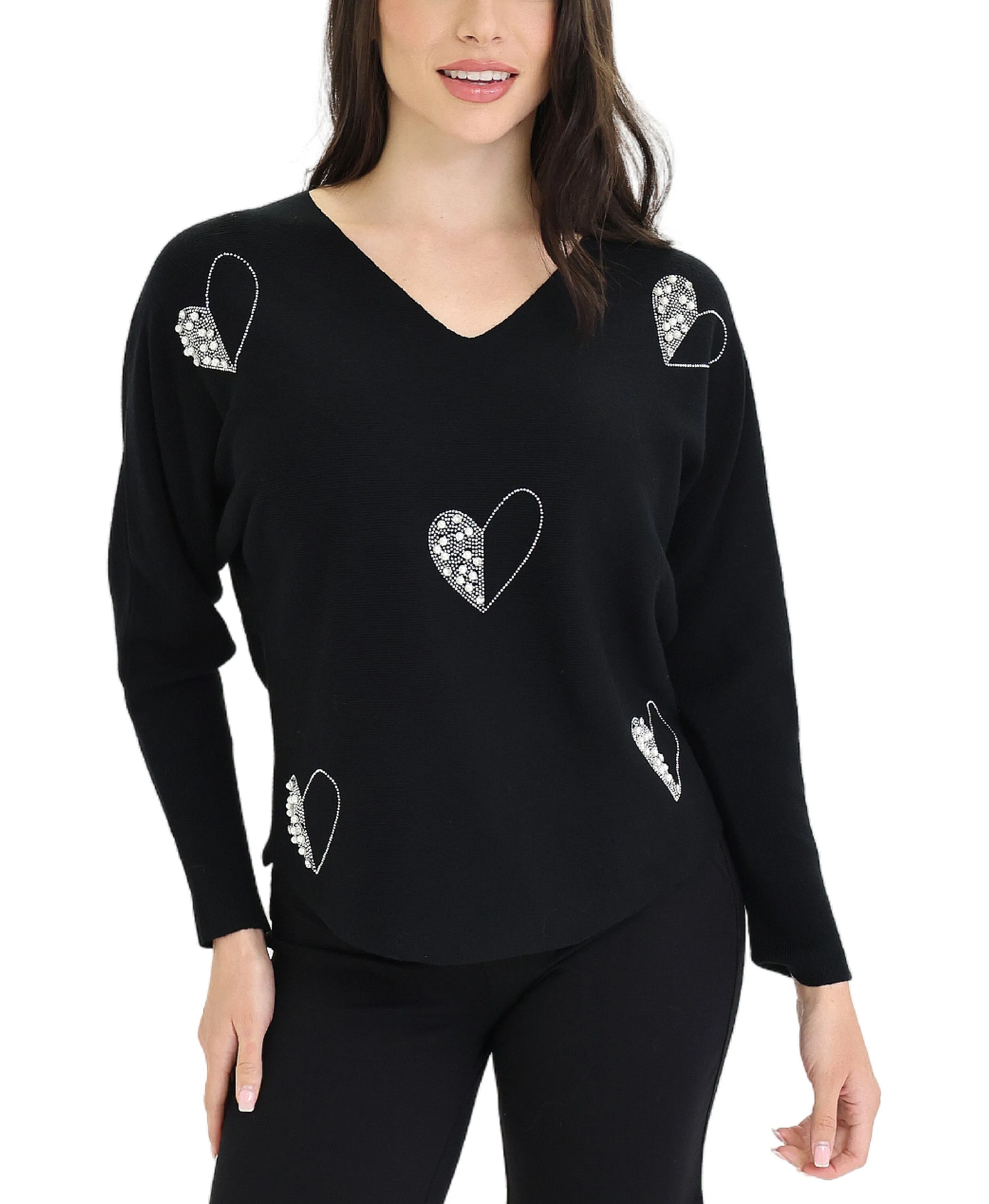 Sweater w/ Pearl & Crystal Hearts