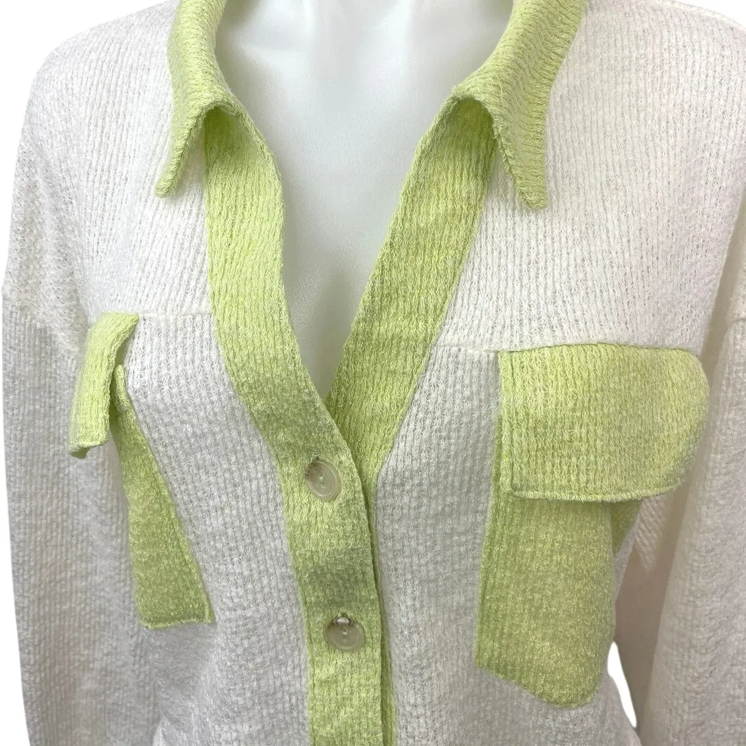 The Shoppe White Green Collared Pocket Button Up Cardigan Sweater Top Size L