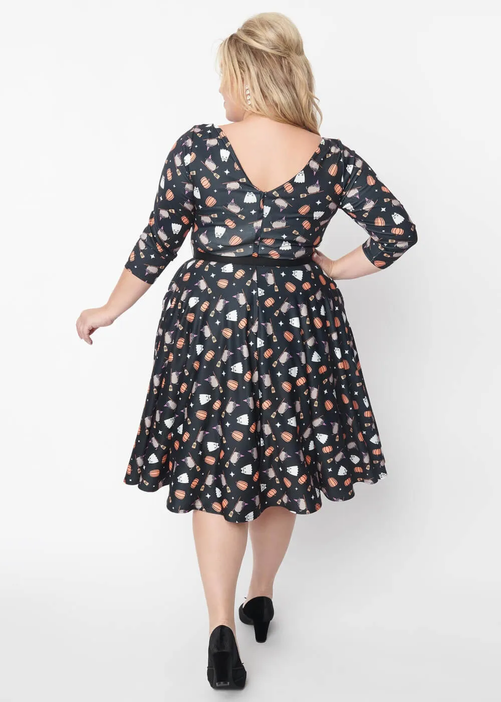 Unique Vintage Pusheen Halloween Devon 50's Swing Dress Black