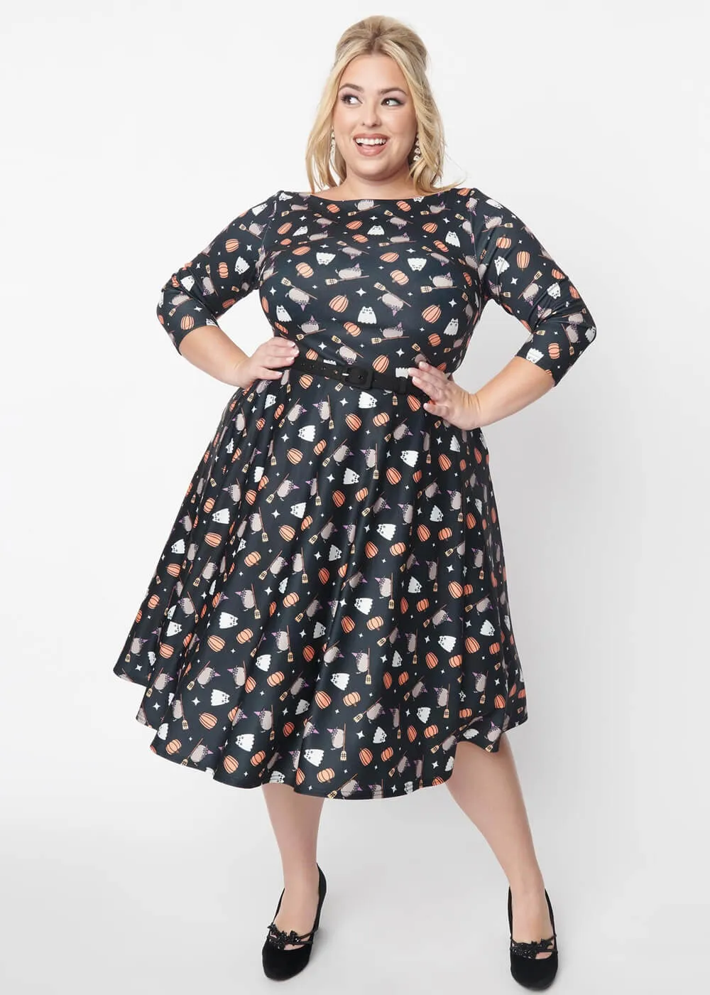 Unique Vintage Pusheen Halloween Devon 50's Swing Dress Black