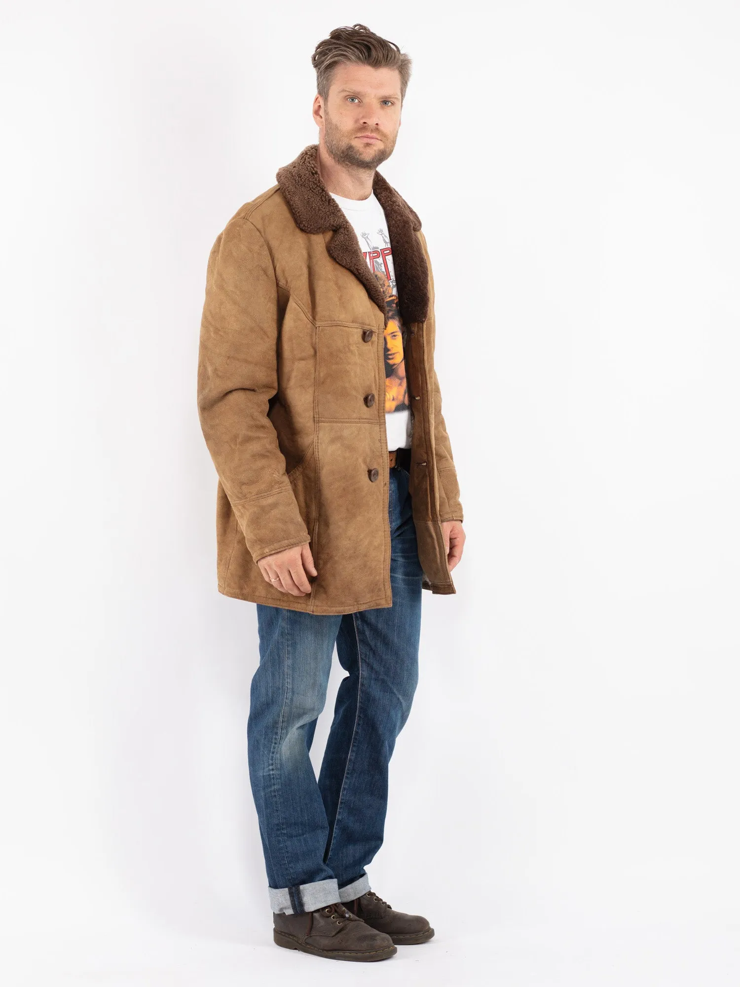 Vintage 70's Men Sheepskin Coat in Beige