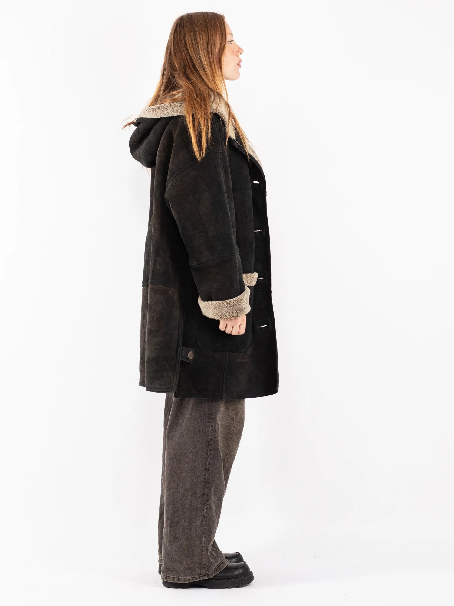 Vintage 70's Women Hooded Sheepskin Coat in Black