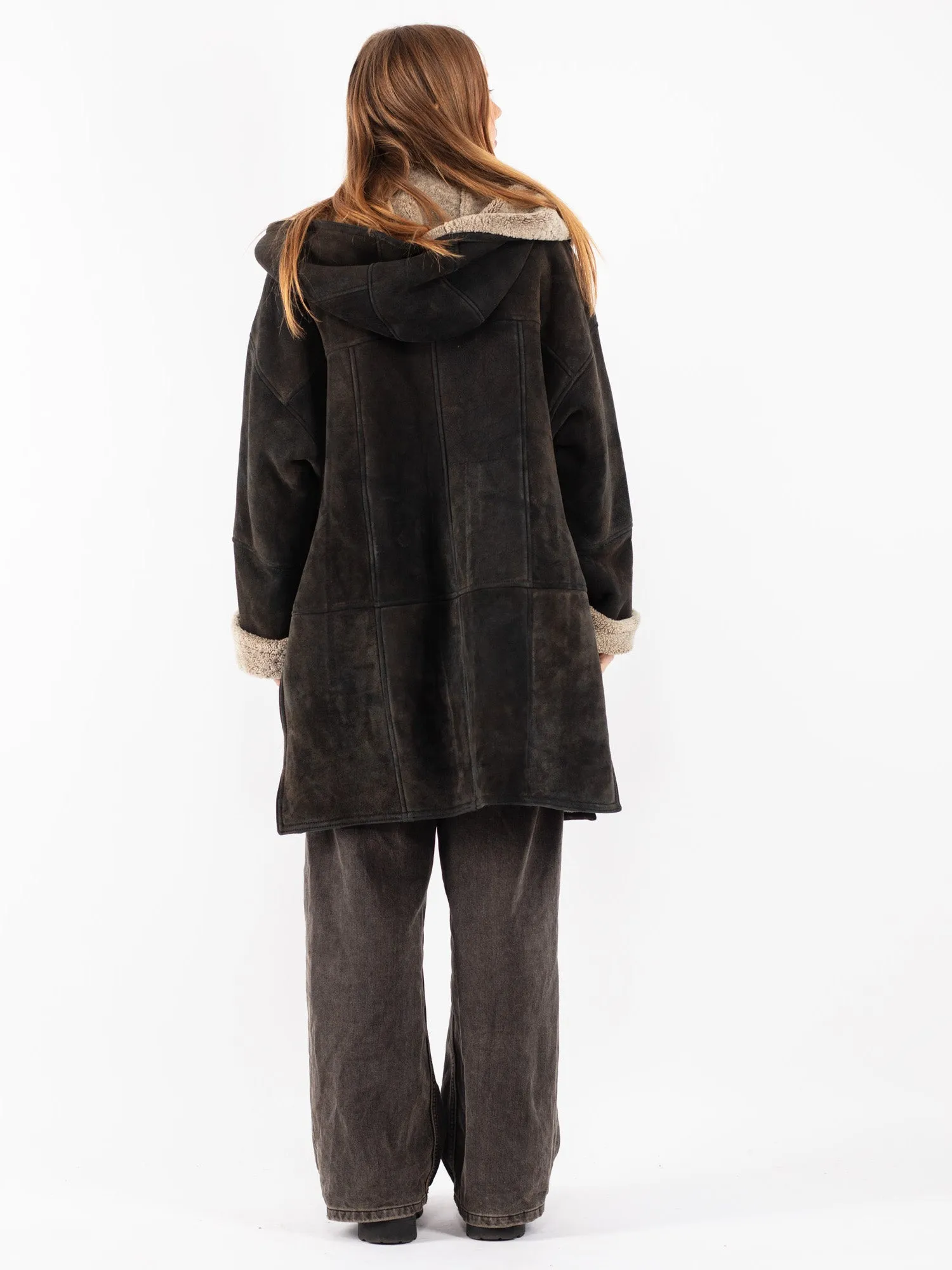 Vintage 70's Women Hooded Sheepskin Coat in Black