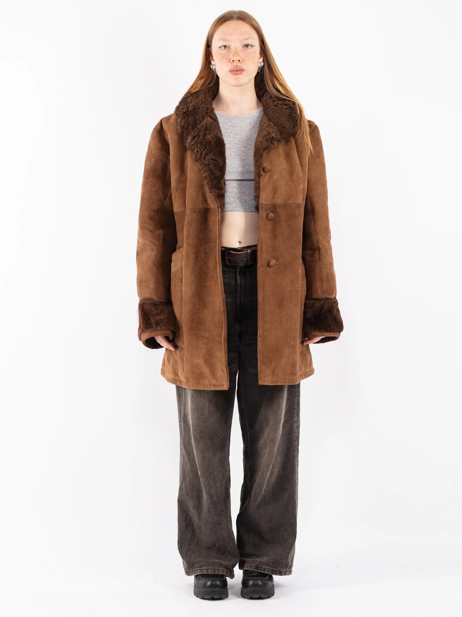 Vintage 70's Women Oversized Sheepskin Coat in Brown