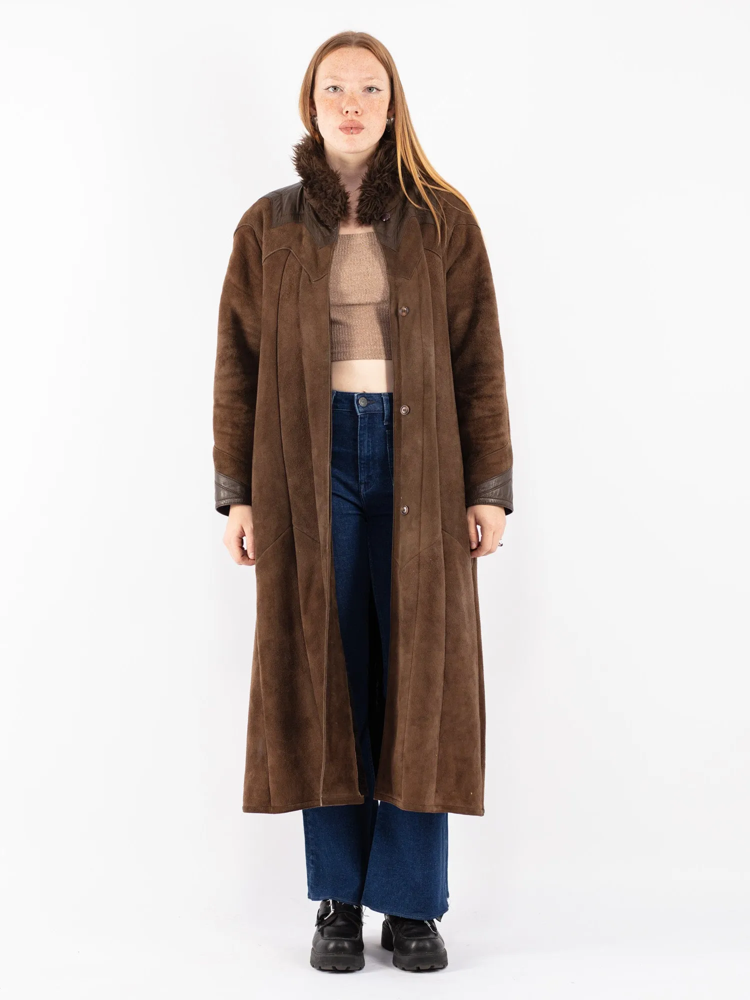 Vintage 70's Women Sheepskin Long Coat in Brown