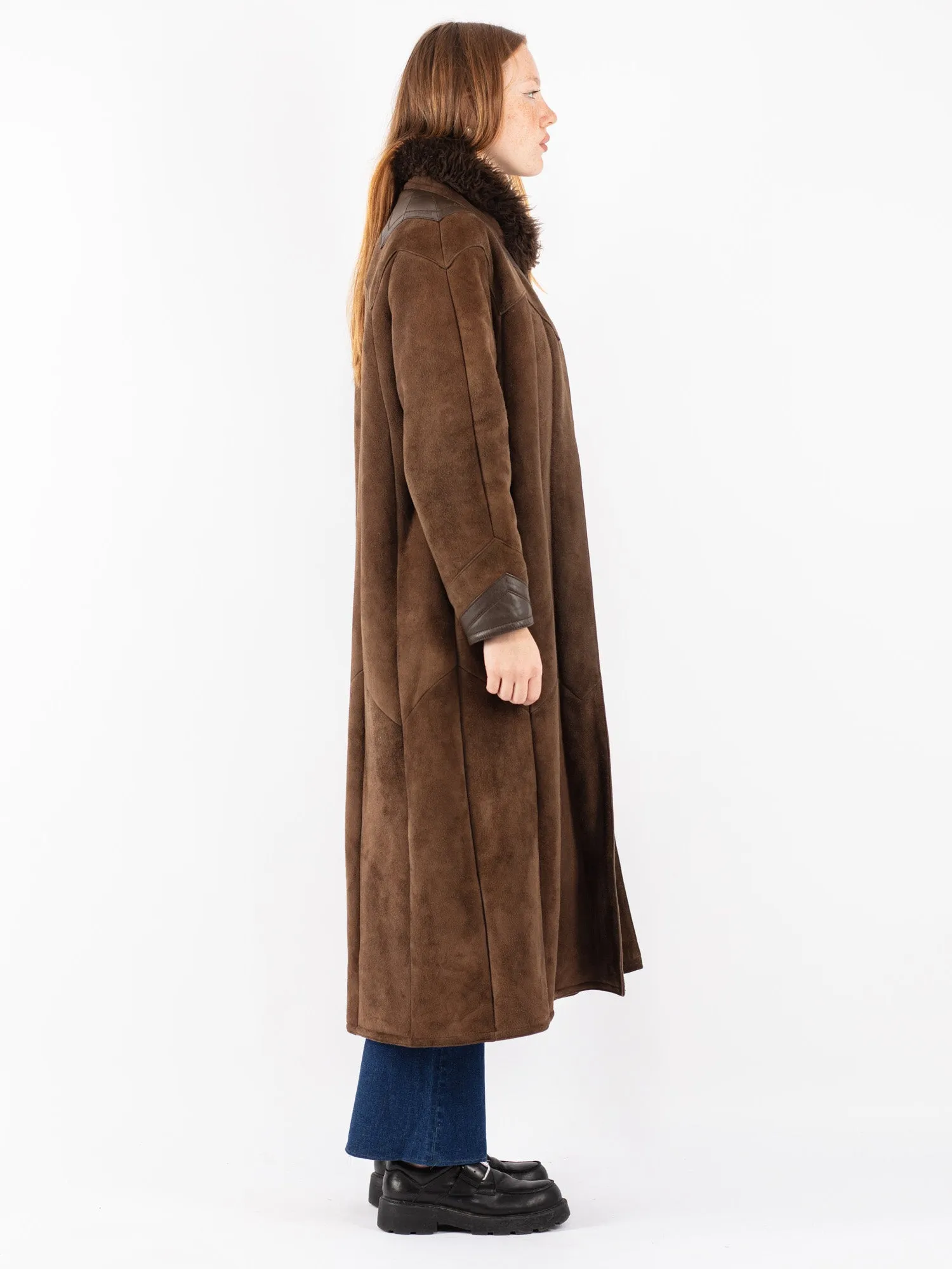 Vintage 70's Women Sheepskin Long Coat in Brown