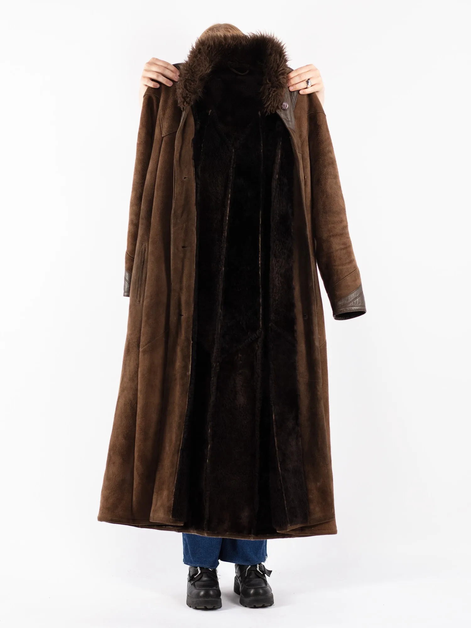 Vintage 70's Women Sheepskin Long Coat in Brown