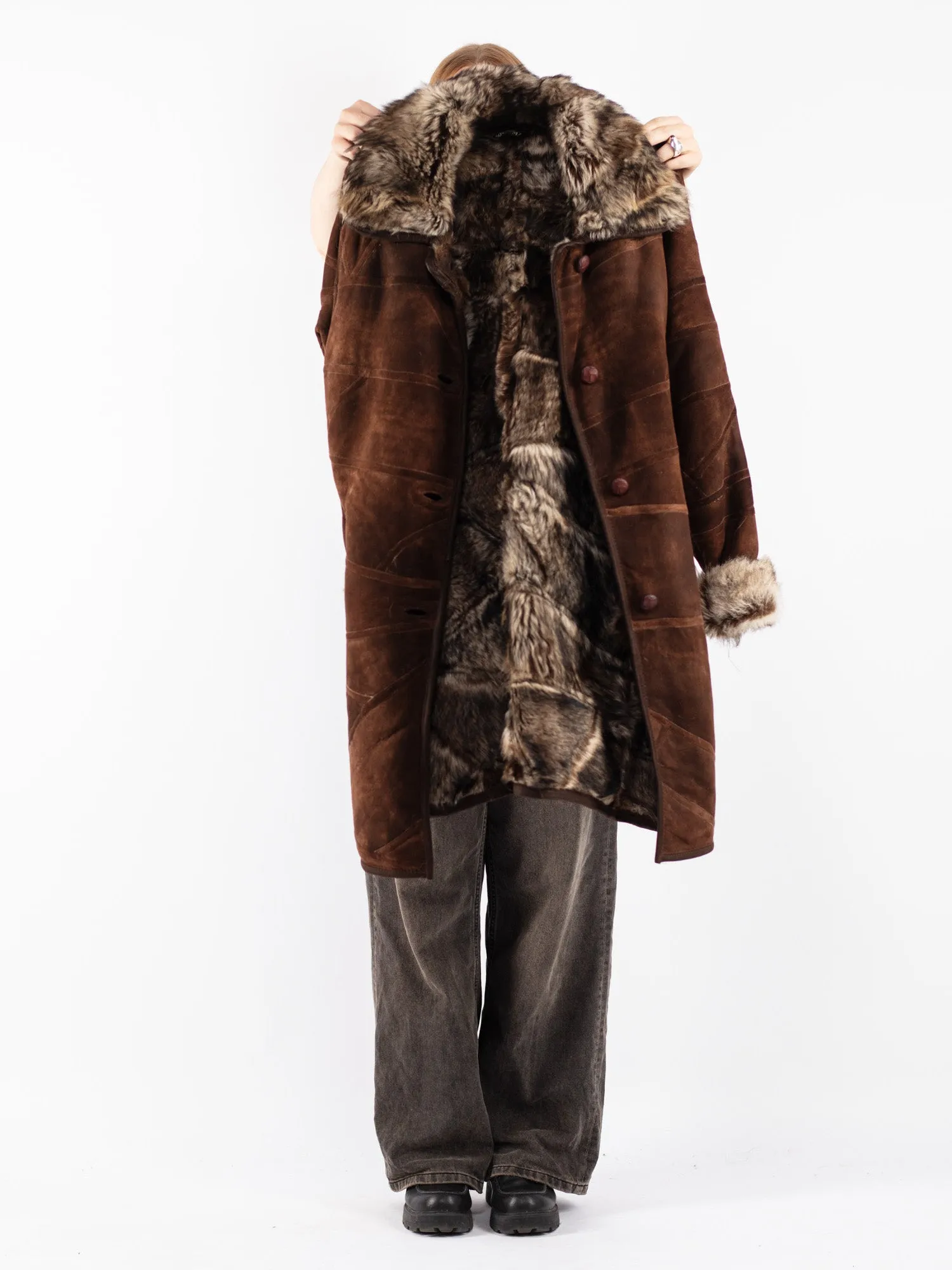 Vintage 70's Women Sheepskin Shearling Coat in Brown