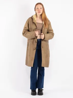 Vintage 80's Women Hooded Sheepskin Coat in Beige