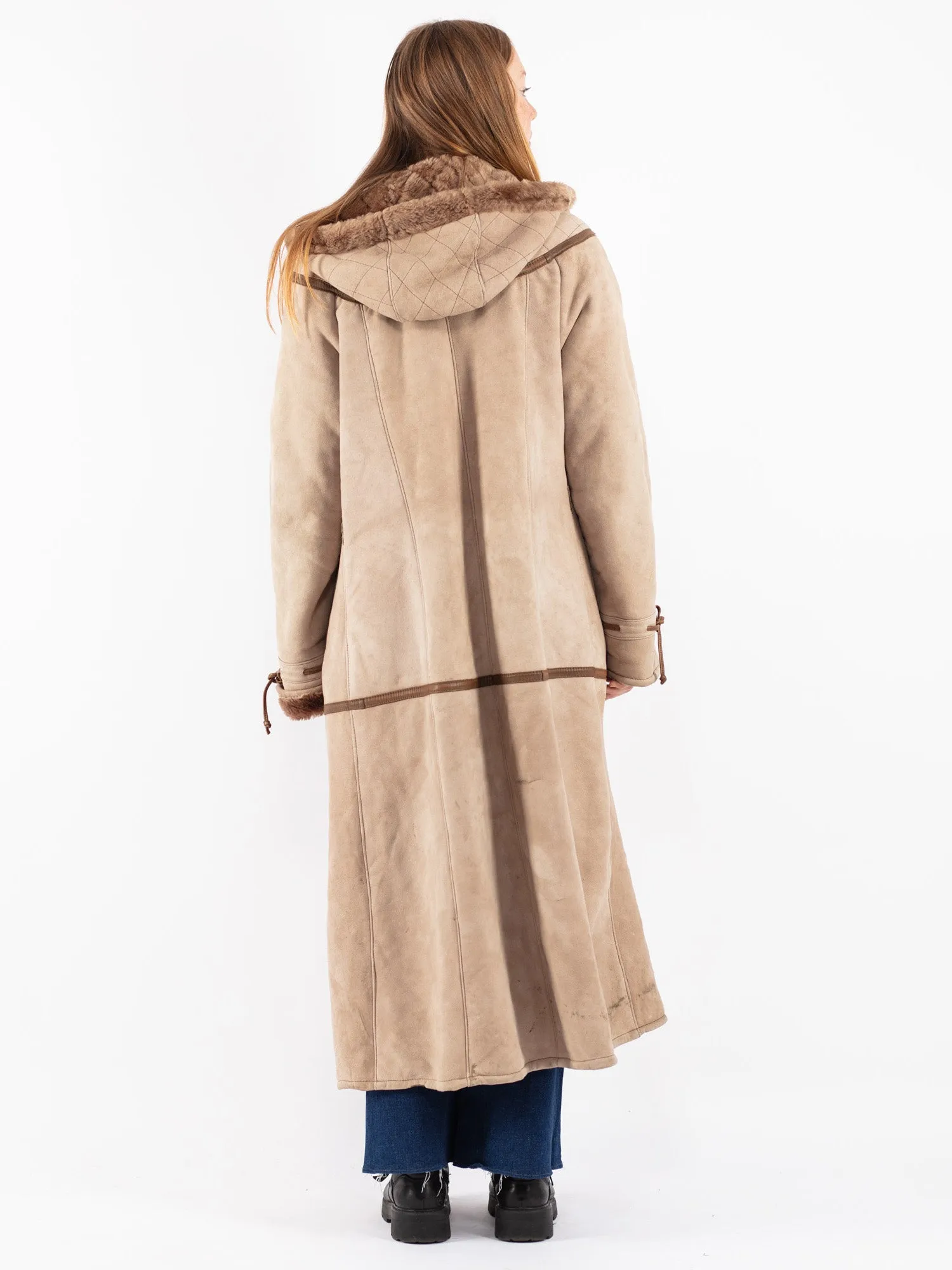 Vintage 80's Women Hooded Sheepskin Long Coat in Beige