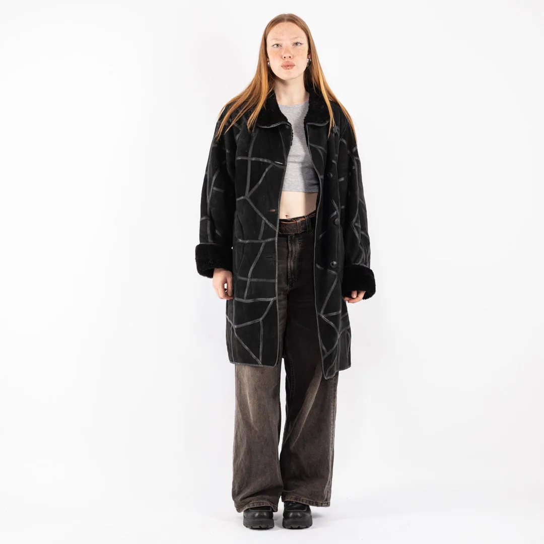 Vintage 80's Women Oversized Sheepskin Coat in Black