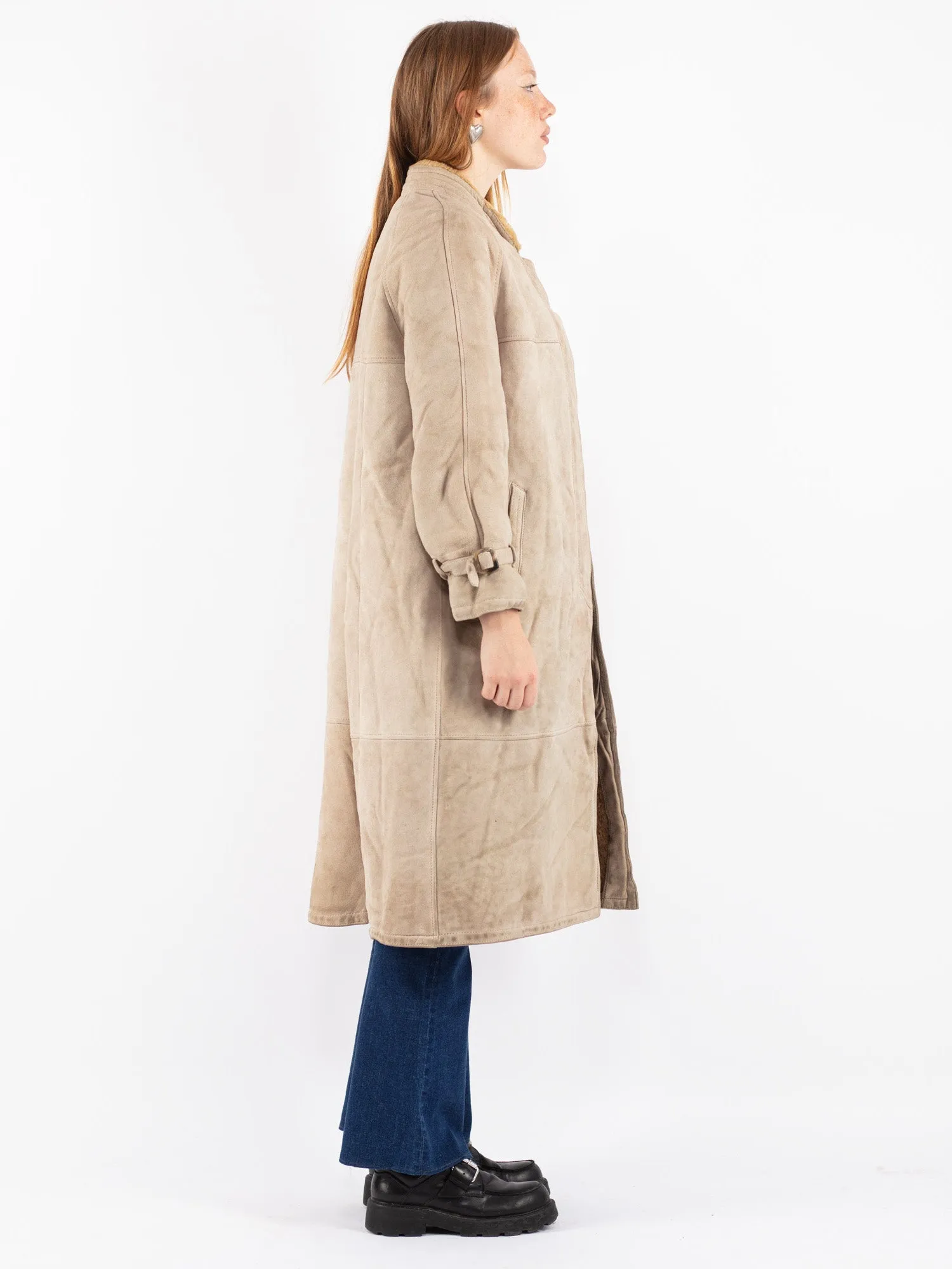 Vintage 80's Women Sheepskin Long Coat in Beige