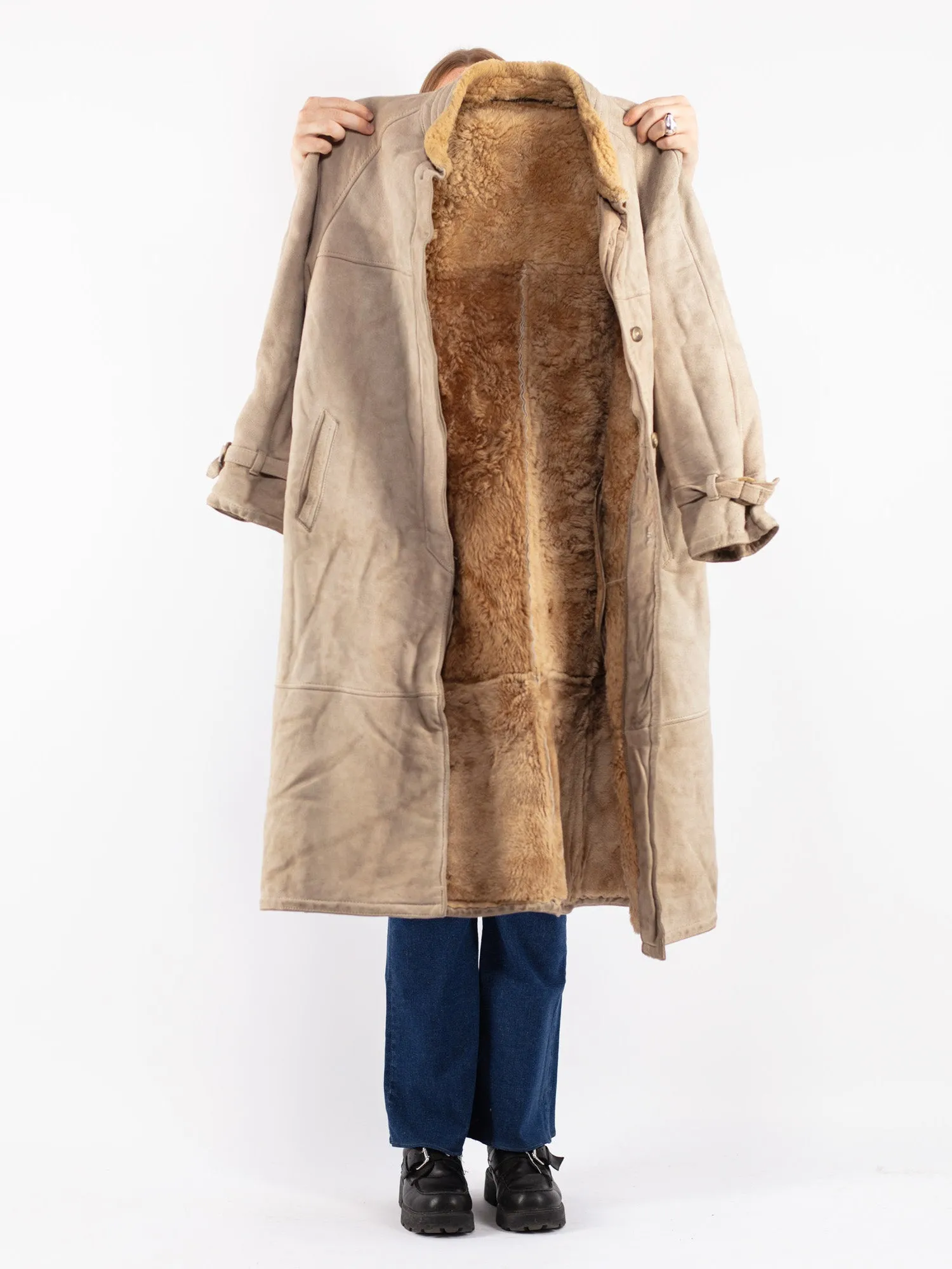 Vintage 80's Women Sheepskin Long Coat in Beige