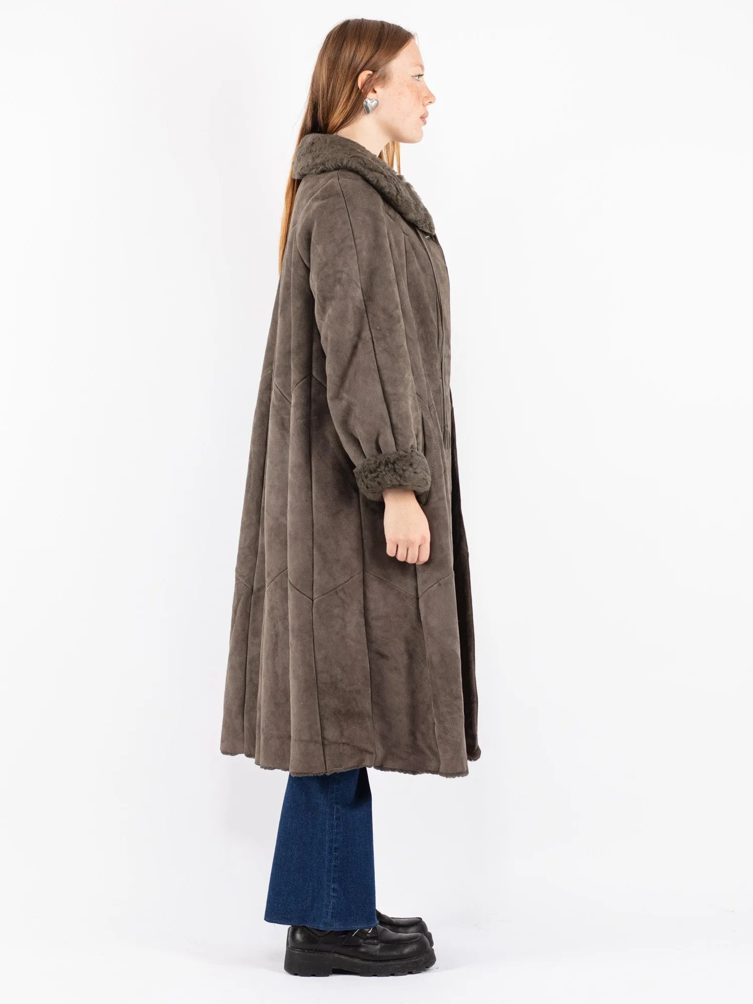 Vintage 80's Women Sheepskin Long Coat in Gray