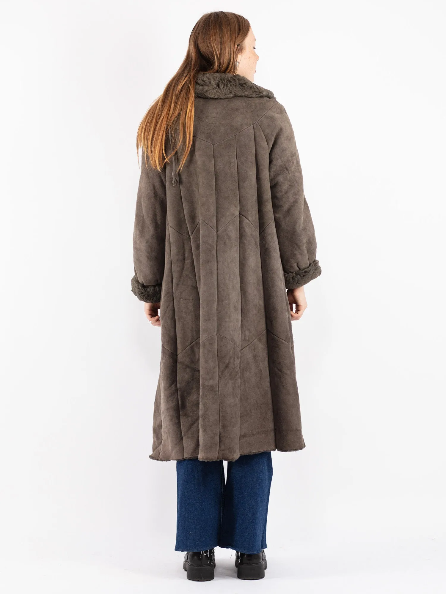 Vintage 80's Women Sheepskin Long Coat in Gray