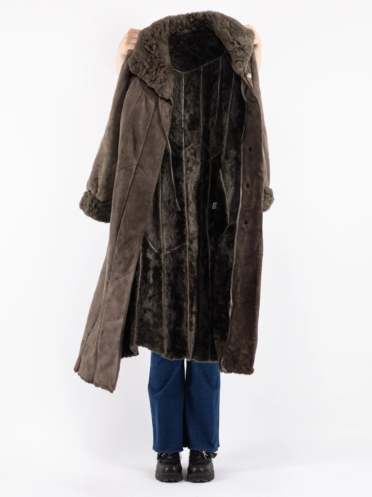 Vintage 80's Women Sheepskin Long Coat in Gray