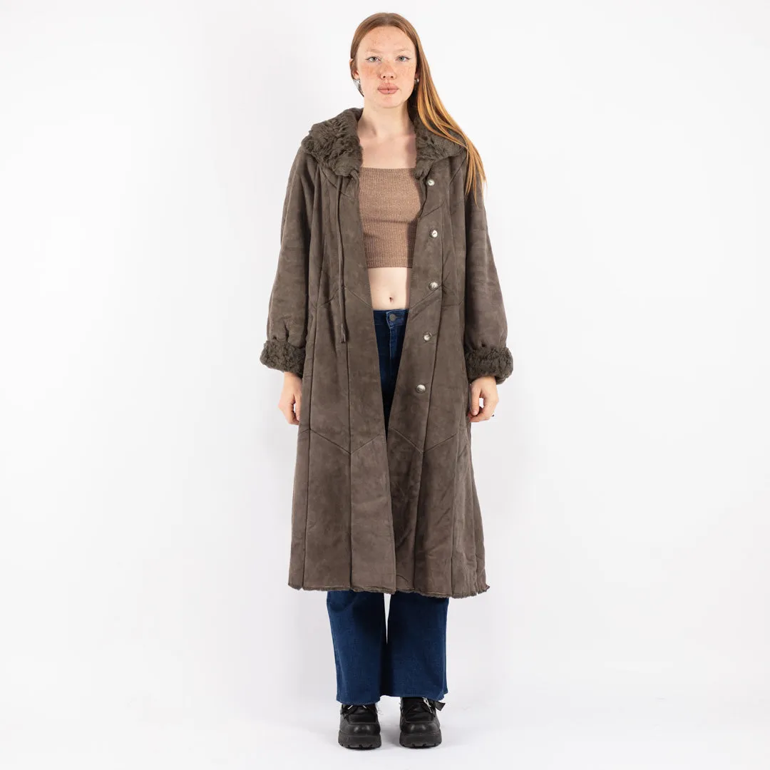 Vintage 80's Women Sheepskin Long Coat in Gray